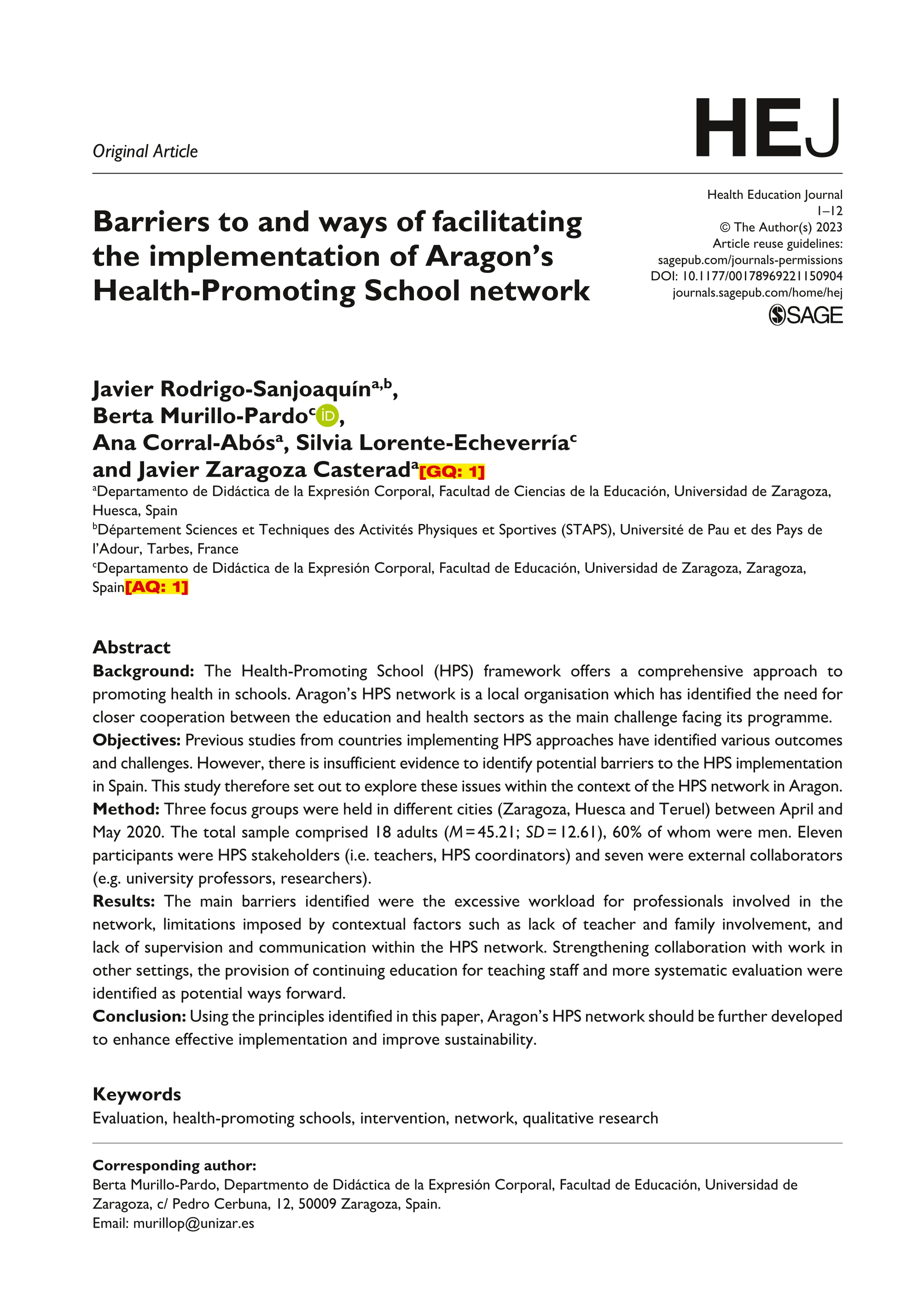 Barriers to and ways of facilitating the implementation of Aragon’s Health-Promoting School network