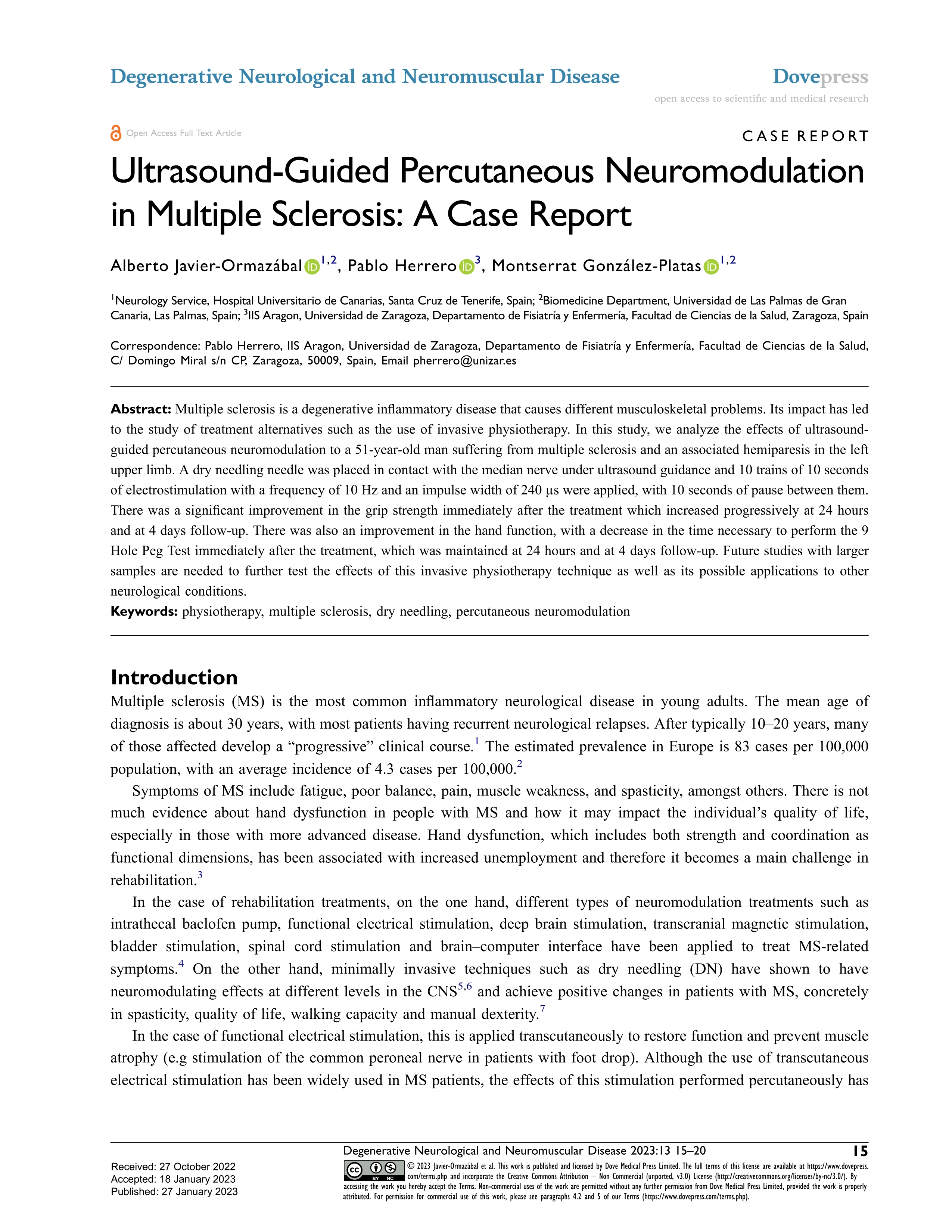 Ultrasound-Guided Percutaneous Neuromodulation in Multiple Sclerosis: A Case Report