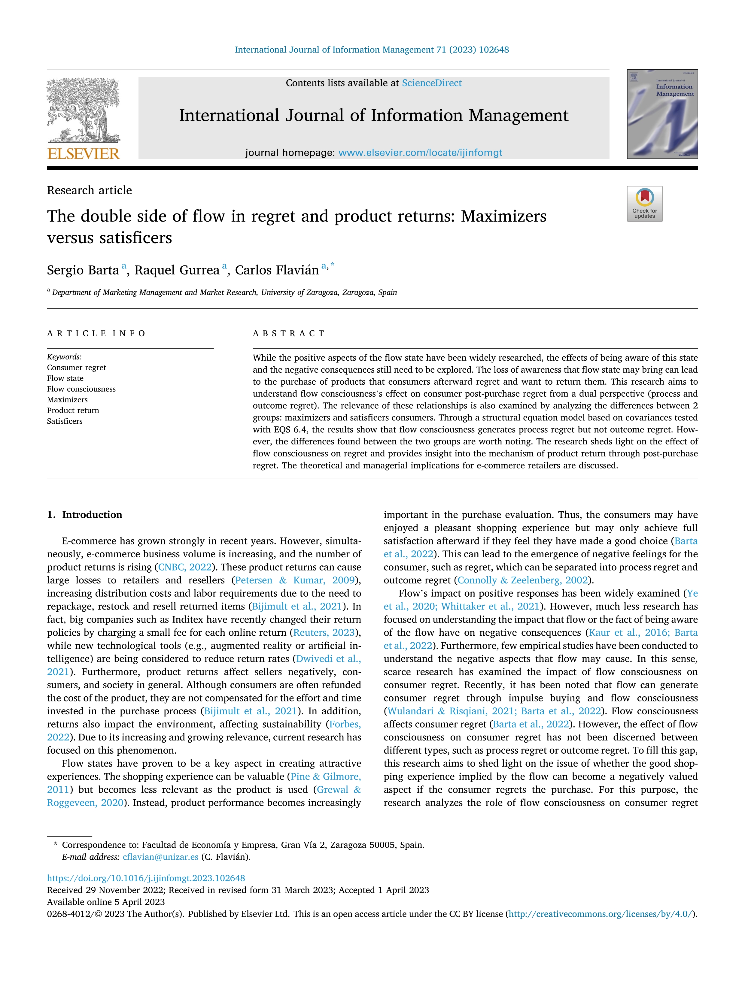 The double side of flow in regret and product returns: maximizers versus satisficers