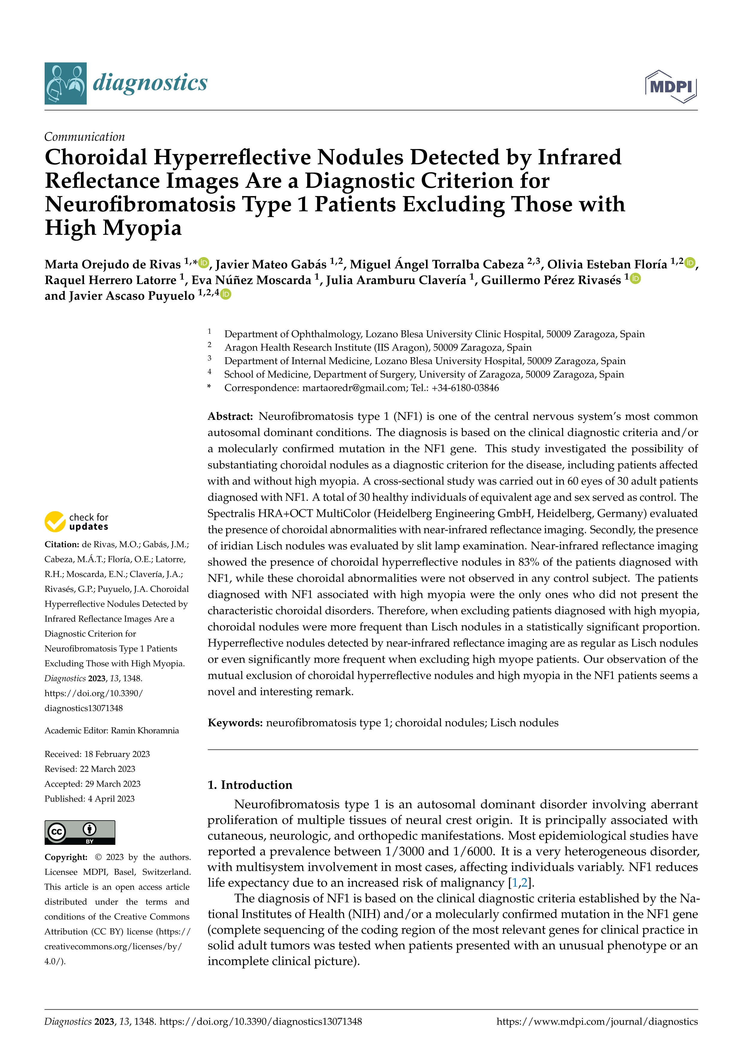 Choroidal Hyperreflective Nodules detected by infrared reflectance images are a diagnostic criterion for Neurofibromatosis Type 1 patients excluding those with high myopia