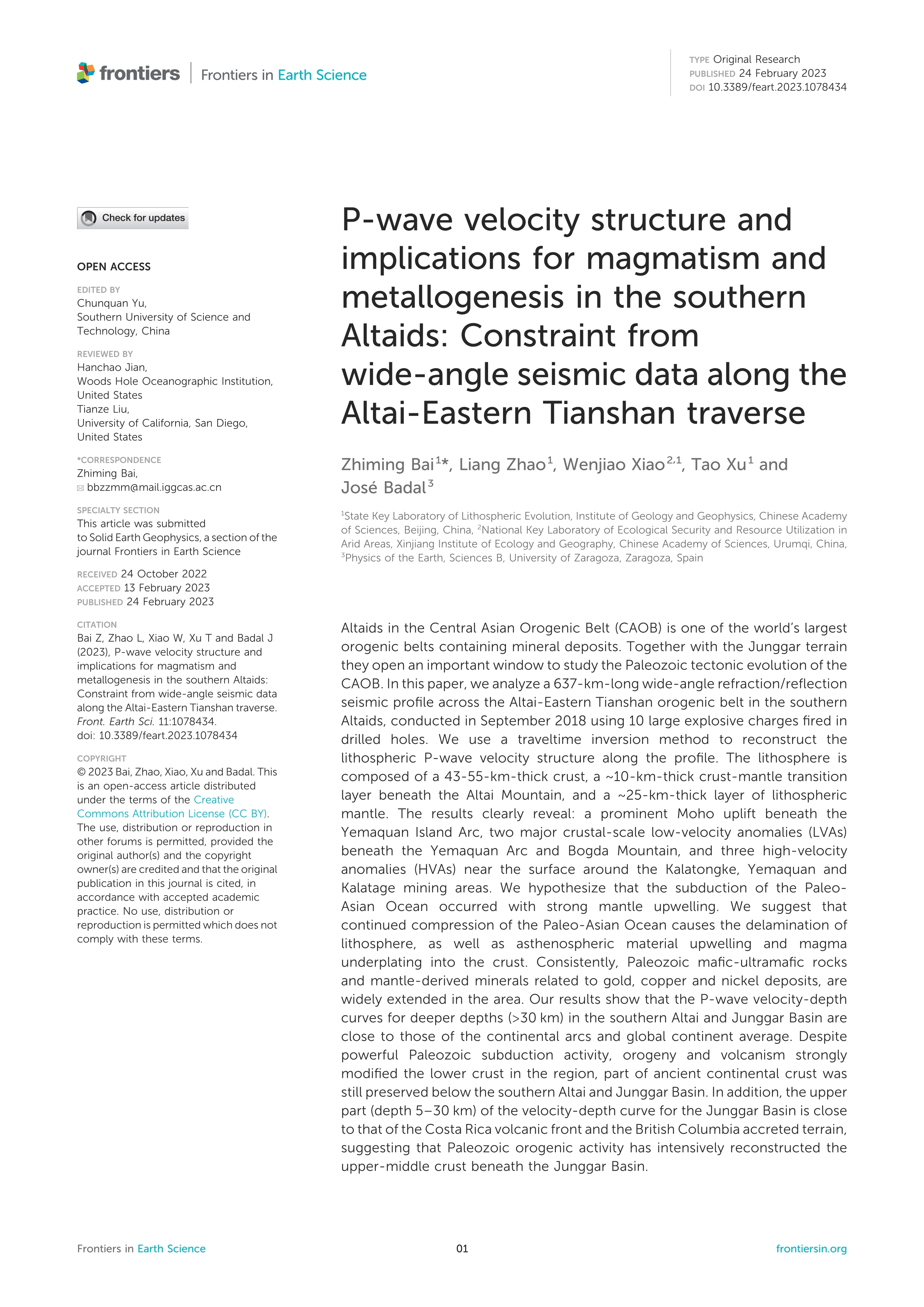 P-wave velocity structure and implications for magmatism and metallogenesis in the southern Altaids: Constraint from wide-angle seismic data along the Altai-Eastern Tianshan traverse