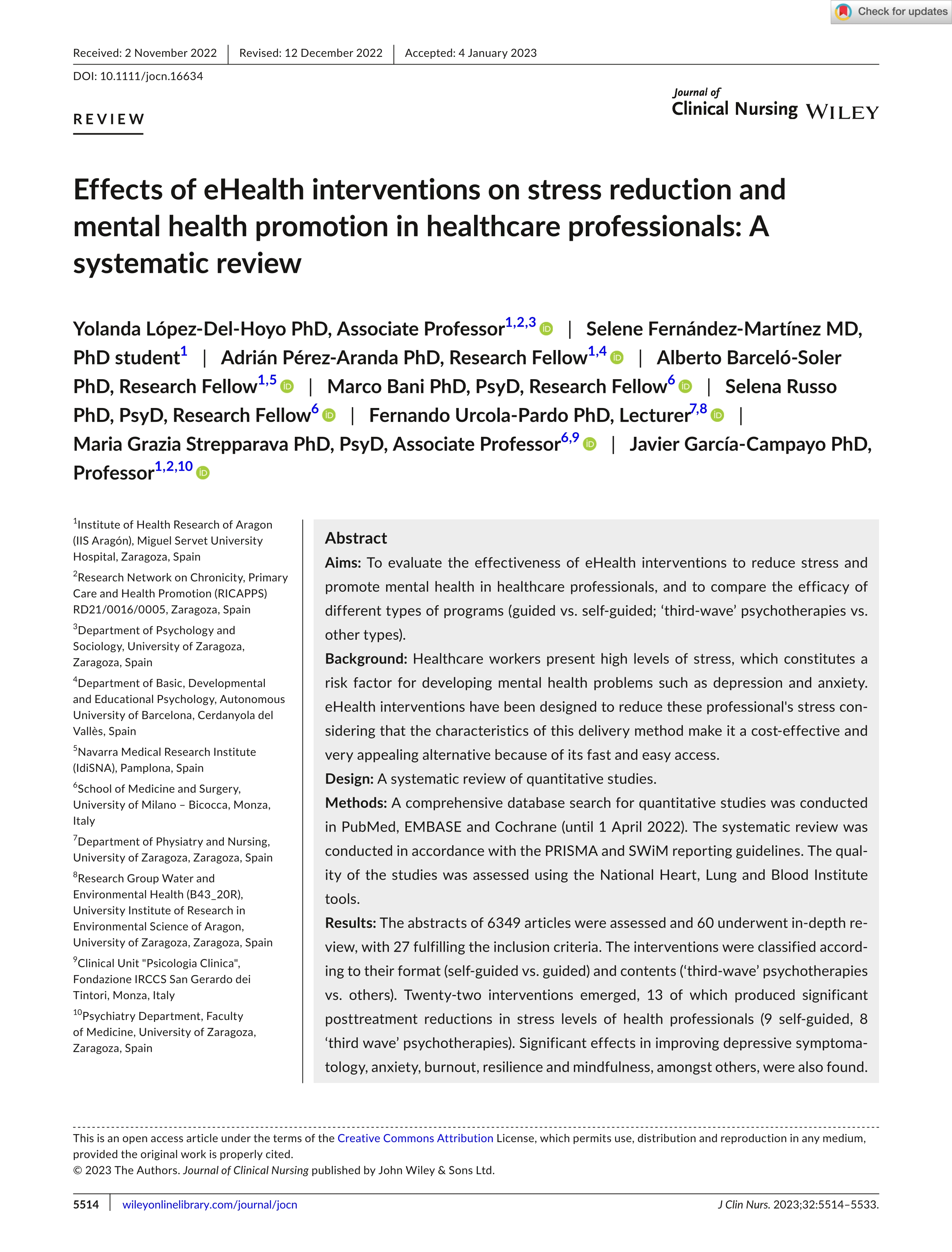 Effects of eHealth interventions on stress reduction and mental health promotion in healthcare professionals: a systematic review