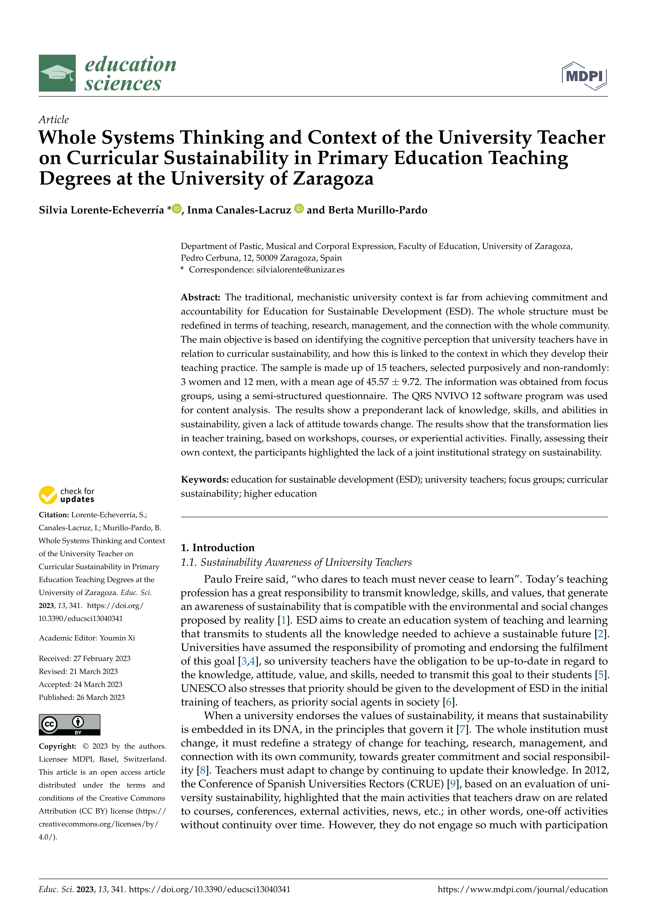Whole systems thinking and context of the university teacher on curricular sustainability in Primary Education Teaching Degrees at the University of Zaragoza