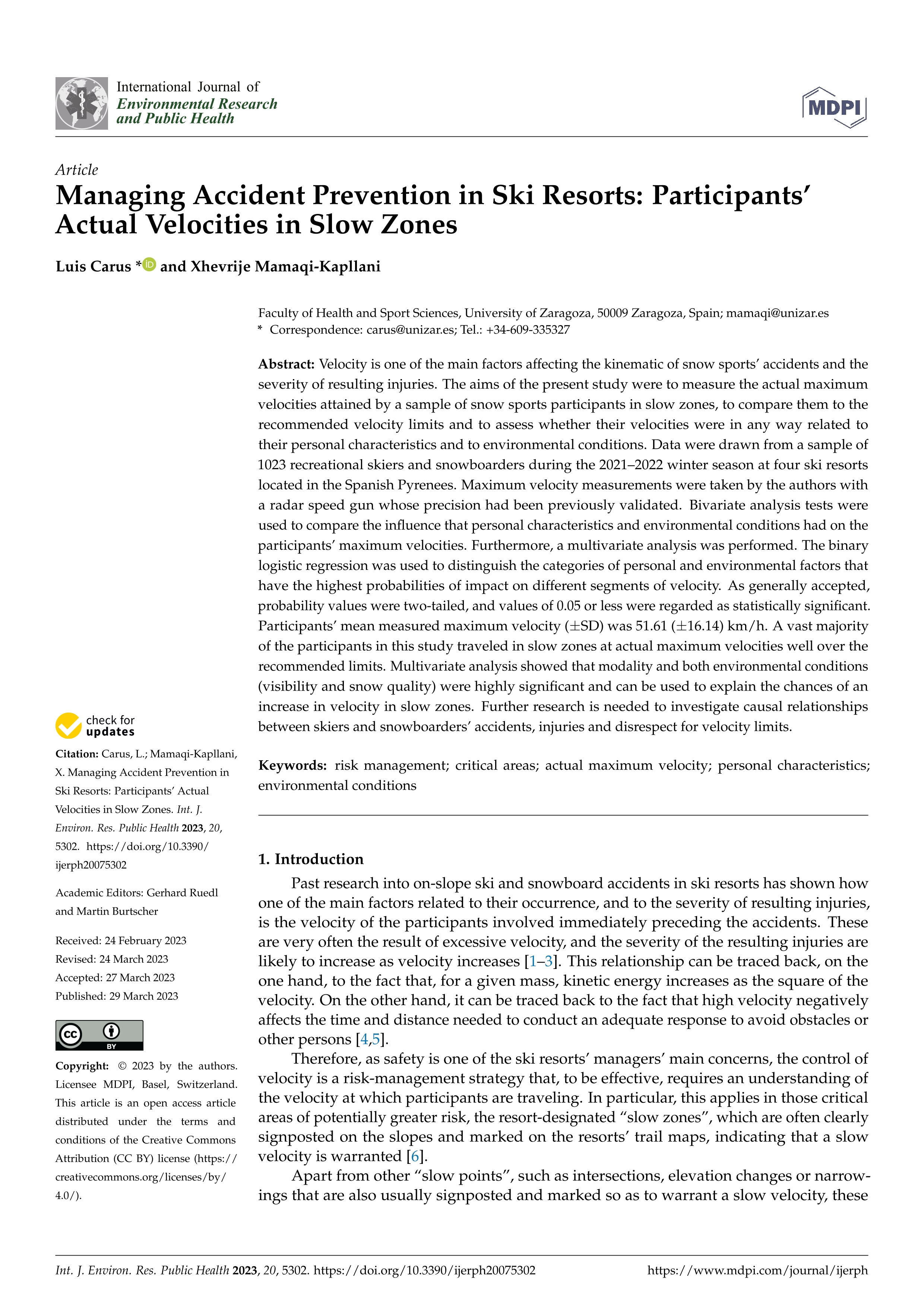 Managing accident prevention in ski resorts: participants’ actual velocities in slow zones