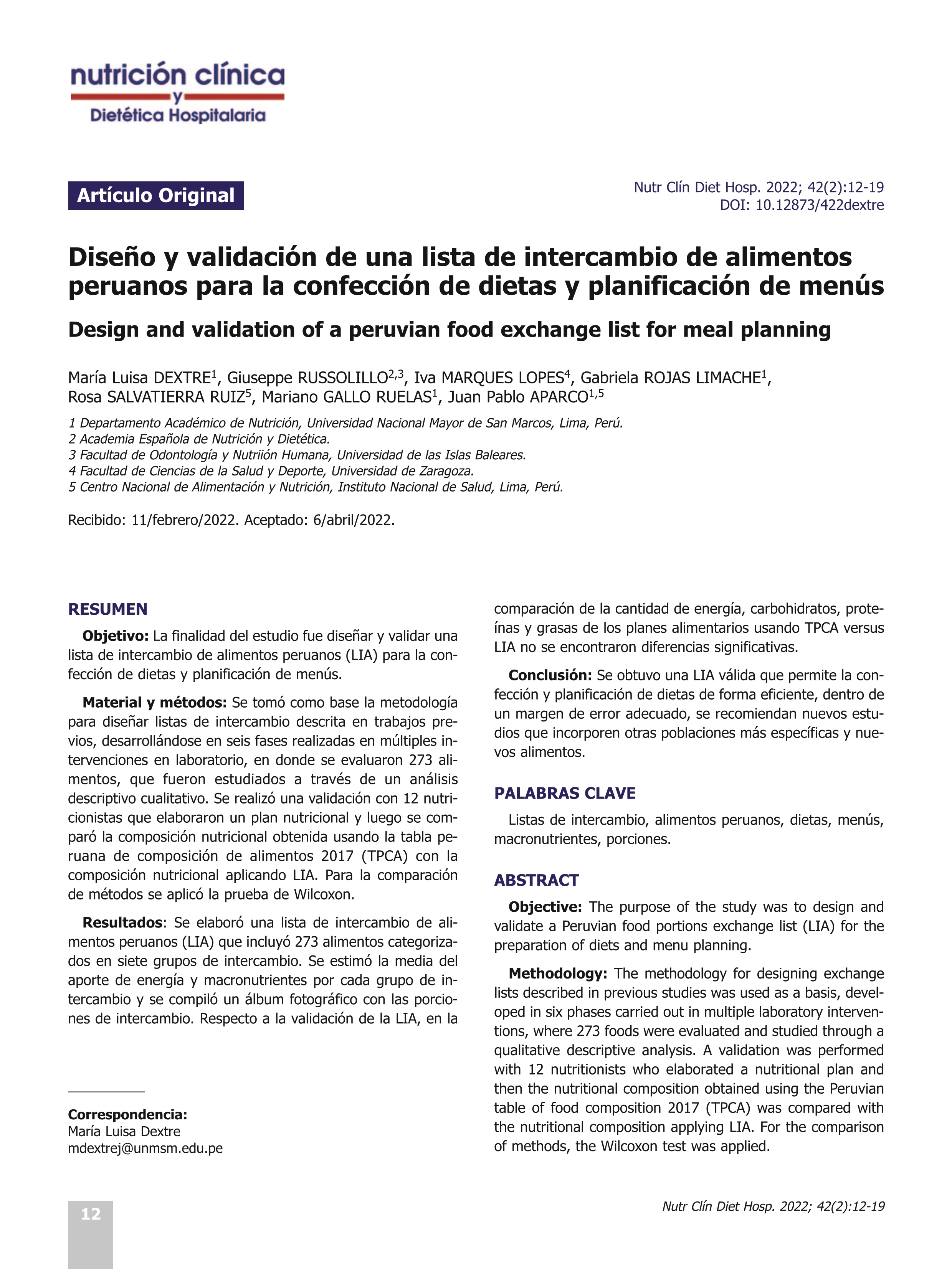 Diseño y validación de una lista de intercambio de alimentos peruanos para la confección de dietas y planificación de menús