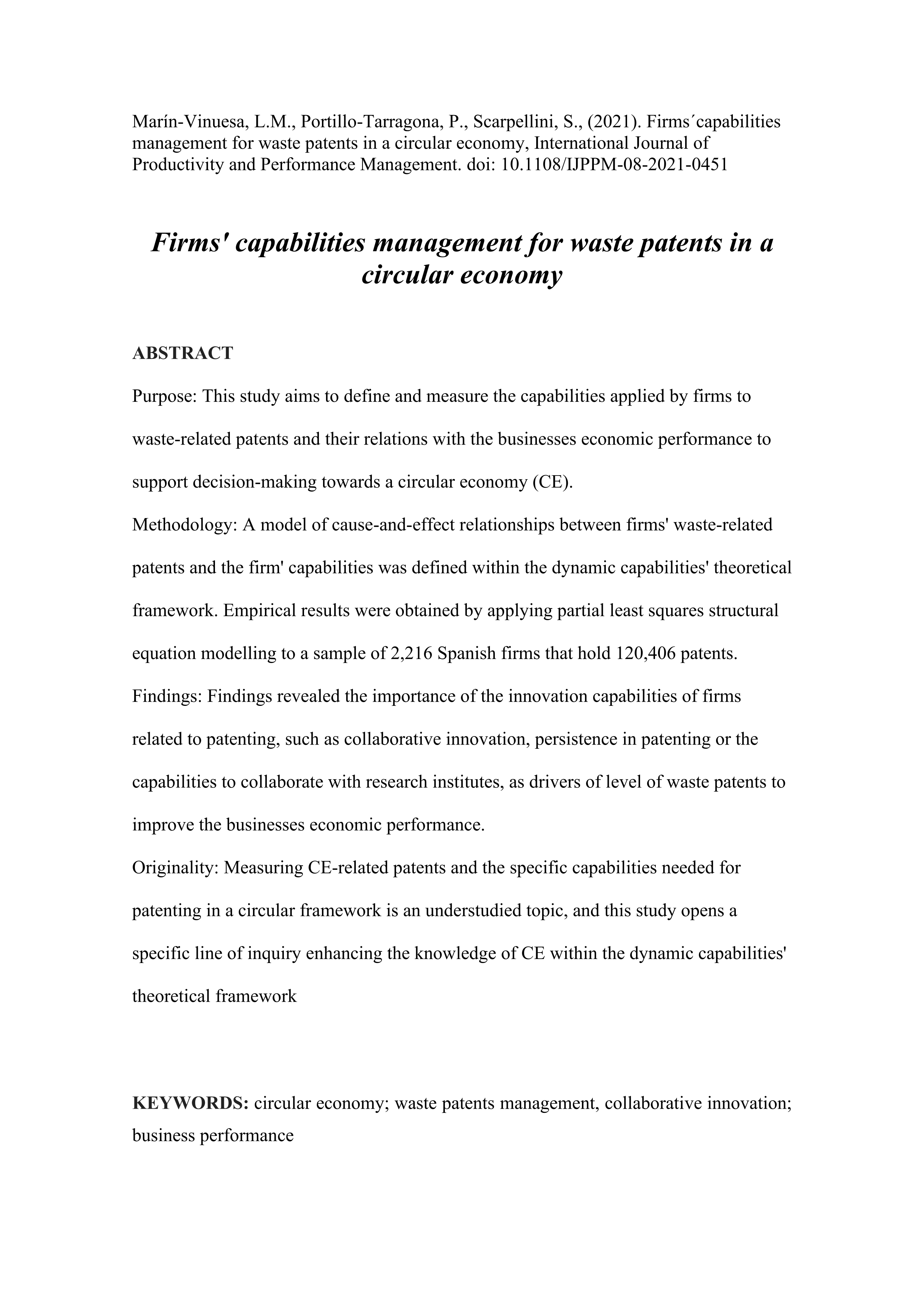 Firms'' capabilities management for waste patents in a circular economy