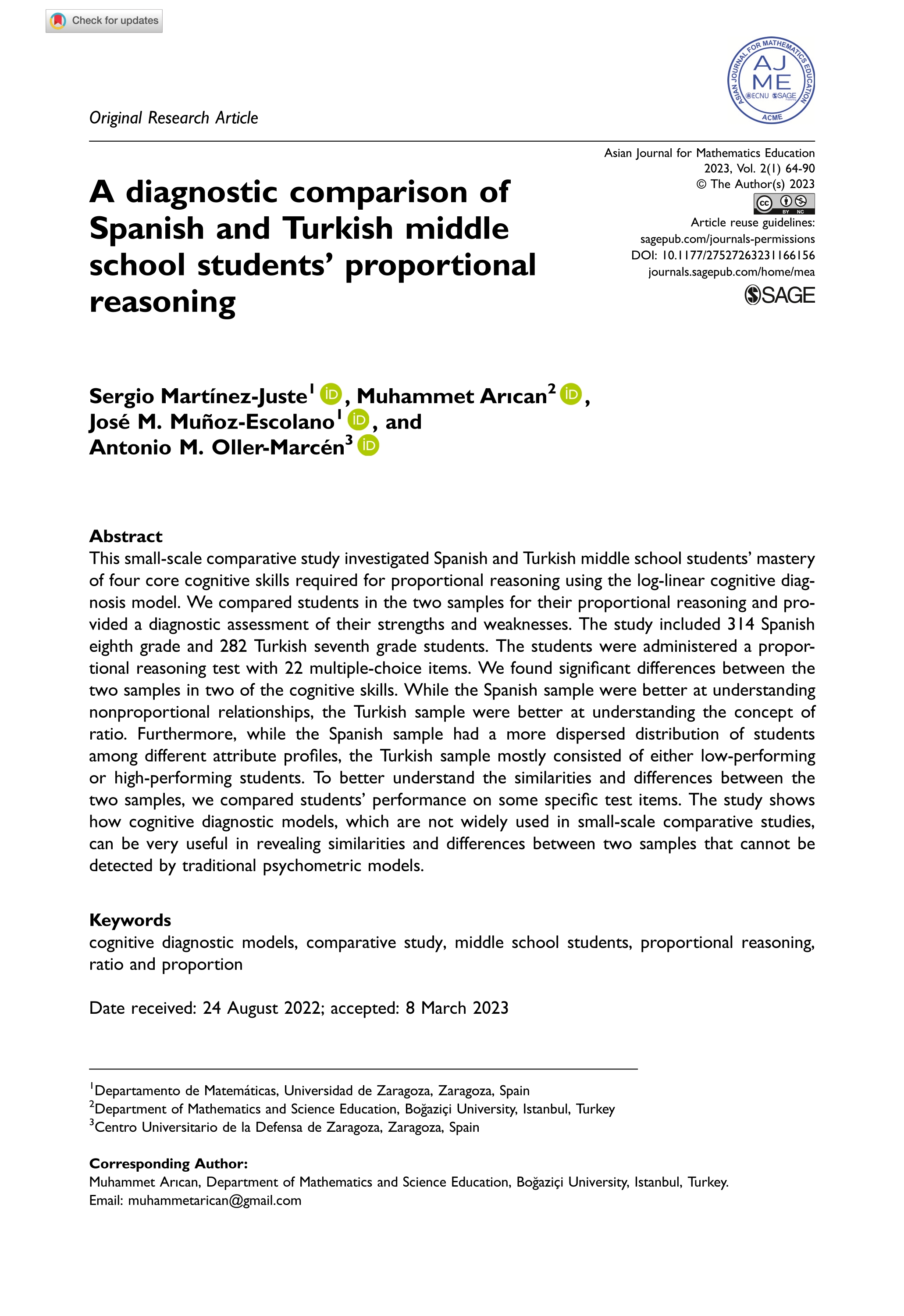 A diagnostic comparison of Spanish and Turkish middle school students’ proportional reasoning