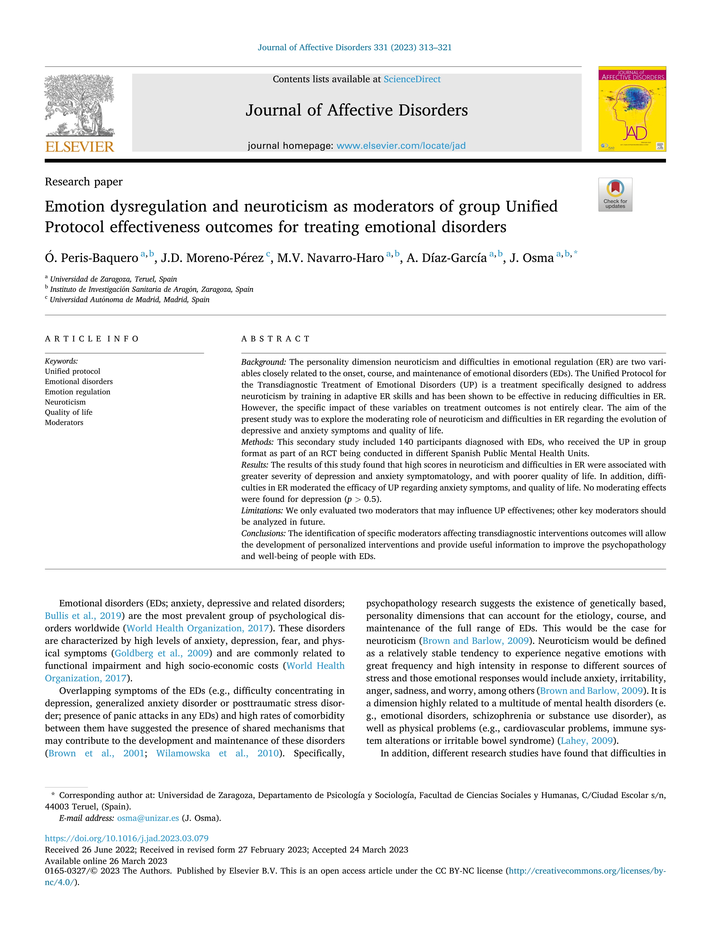 Emotion dysregulation and neuroticism as moderators of group Unified Protocol effectiveness outcomes for treating emotional disorders