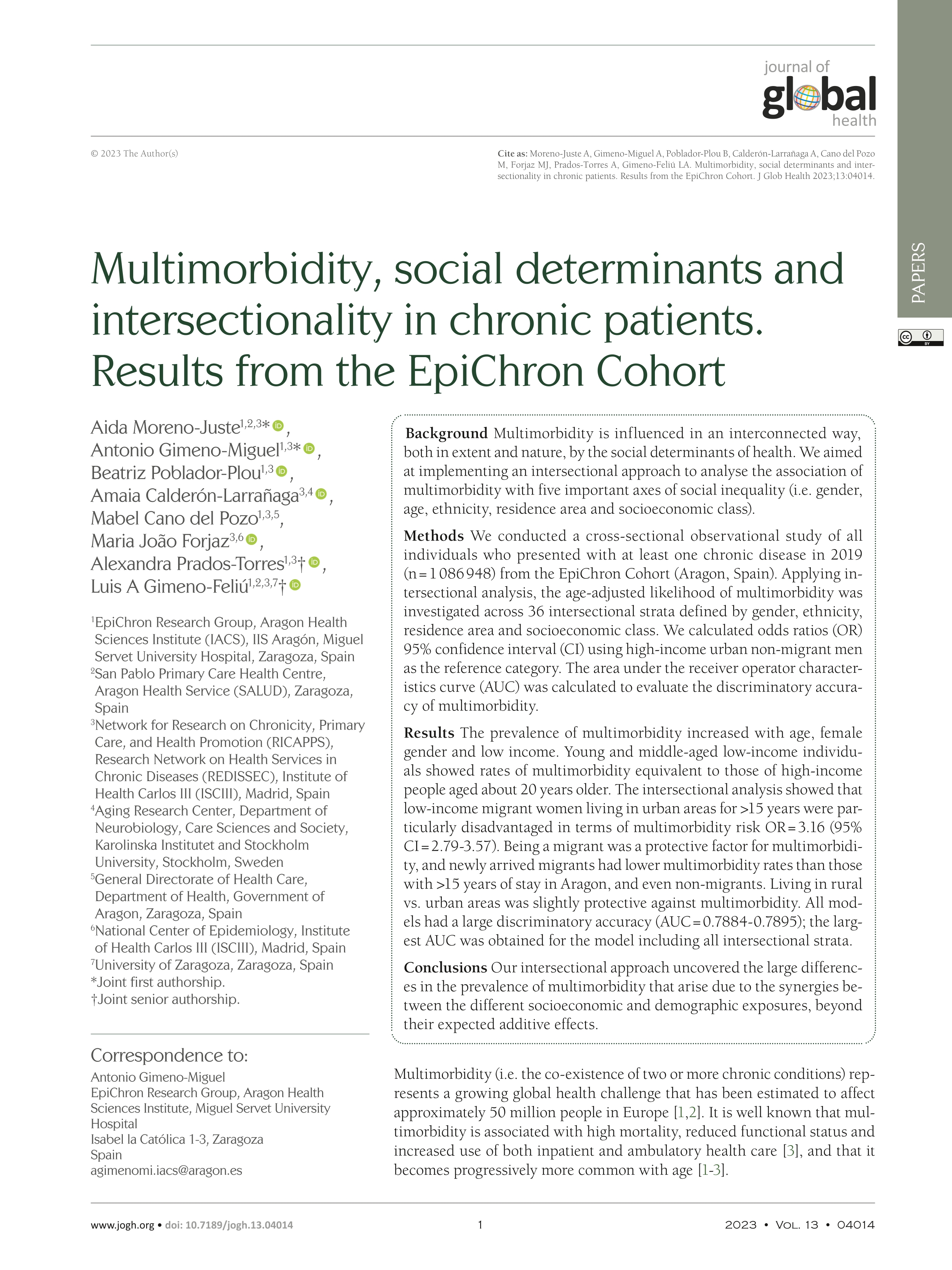 Multimorbidity, social determinants and intersectionality in chronic patients. Results from the EpiChron Cohort