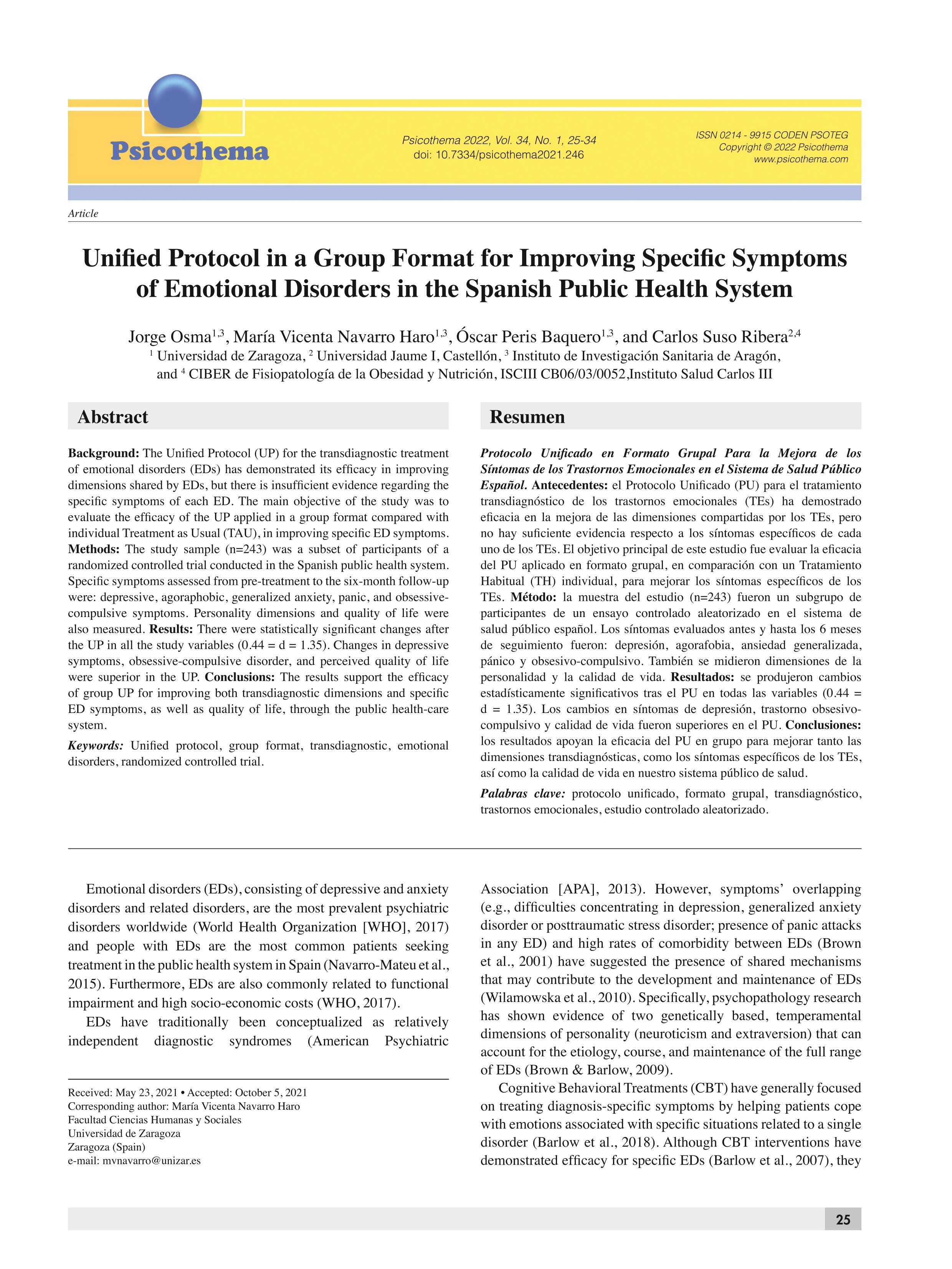 Unified Protocol in a Group Format for Improving Specific Symptoms of Emotional Disorders in the Spanish Public Health System; 35048892