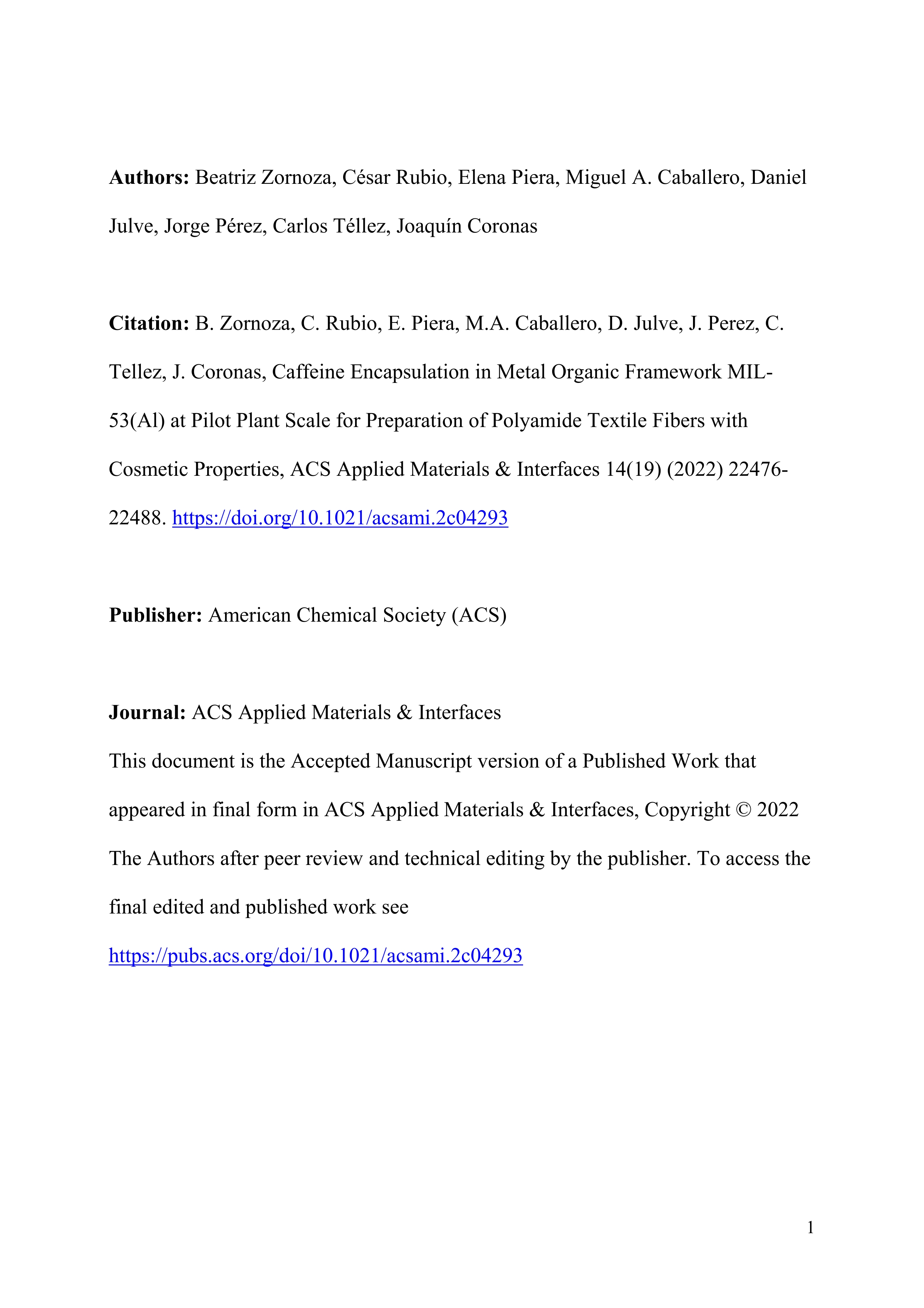 Caffeine Encapsulation in Metal Organic Framework MIL-53(Al) at Pilot Plant Scale for Preparation of Polyamide Textile Fibers with Cosmetic Properties