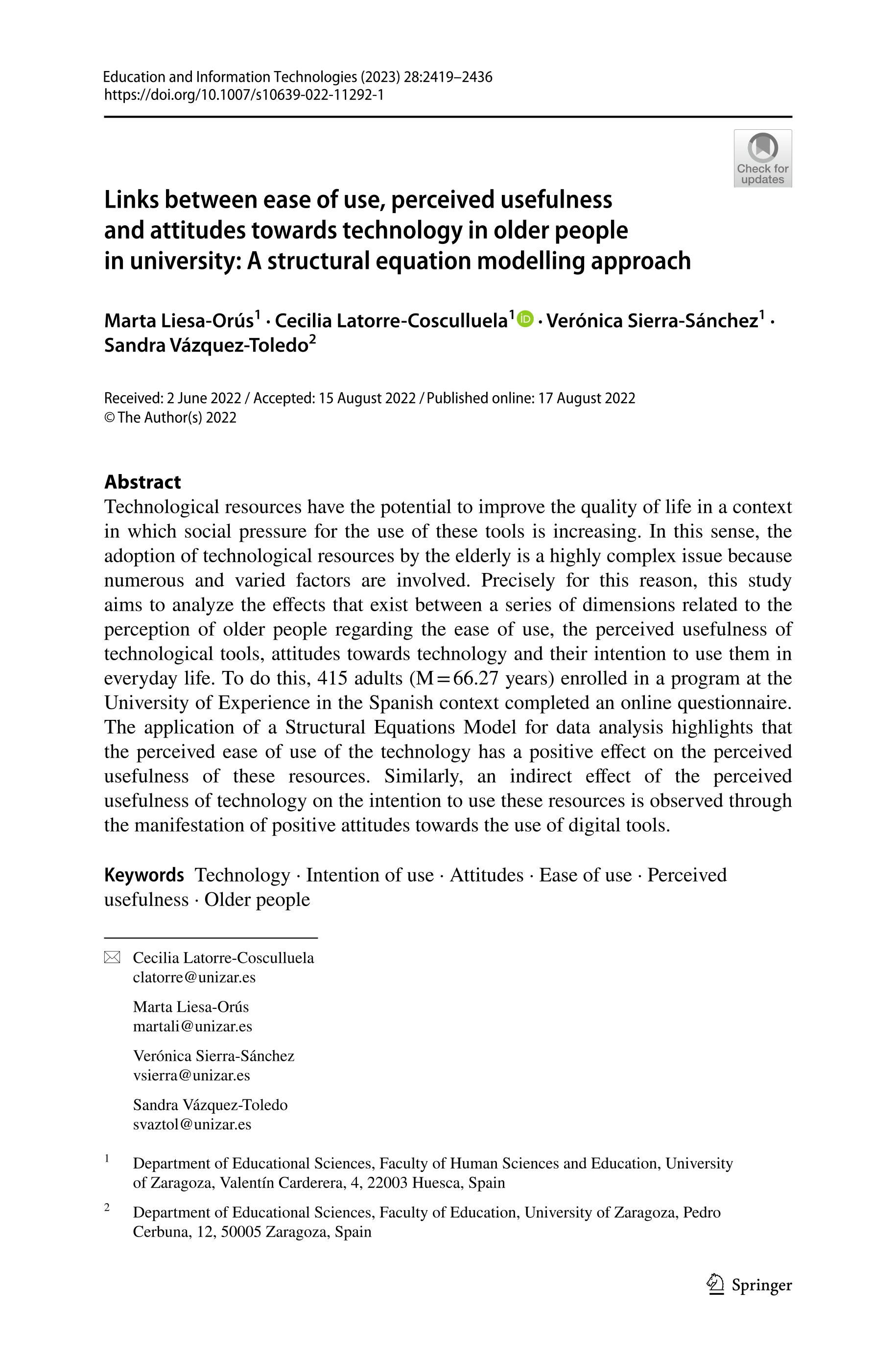 Links between ease of use, perceived usefulness and attitudes towards technology in older people in university: A structural equation modelling approach