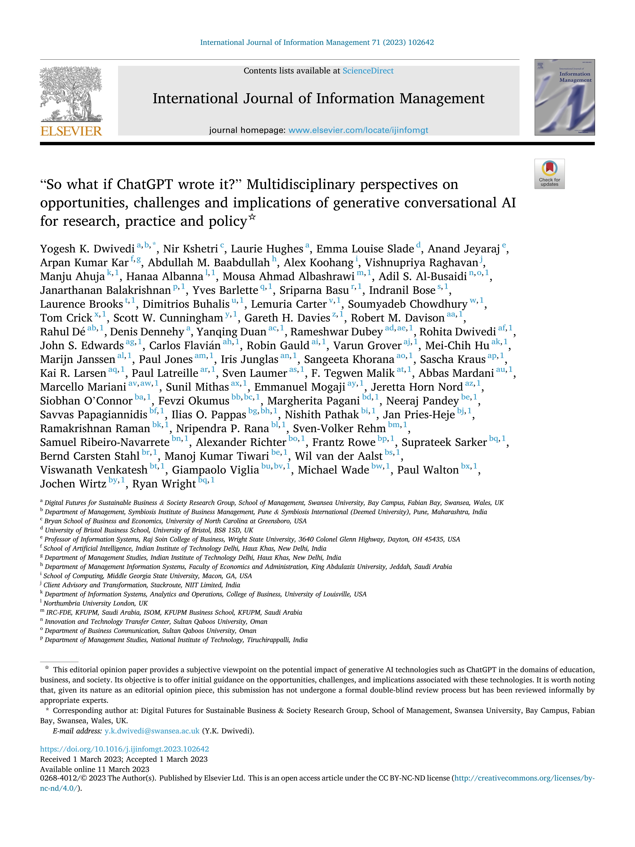 Opinion Paper: “So what if ChatGPT wrote it?” Multidisciplinary perspectives on opportunities, challenges and implications of generative conversational AI for research, practice and policy