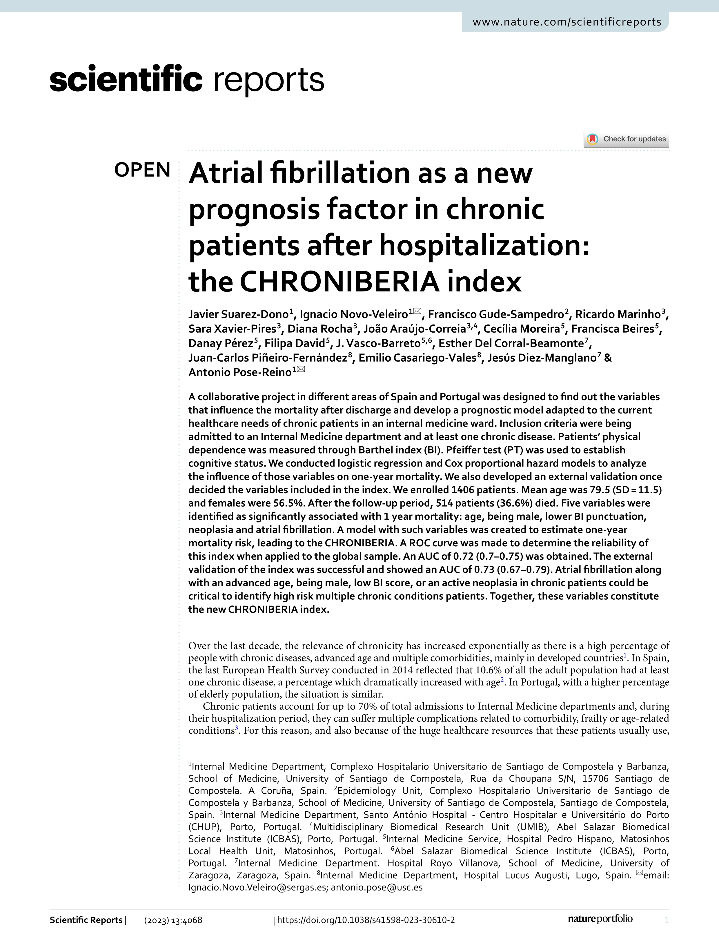 Atrial fibrillation as a new prognosis factor in chronic patients after hospitalization: the CHRONIBERIA index