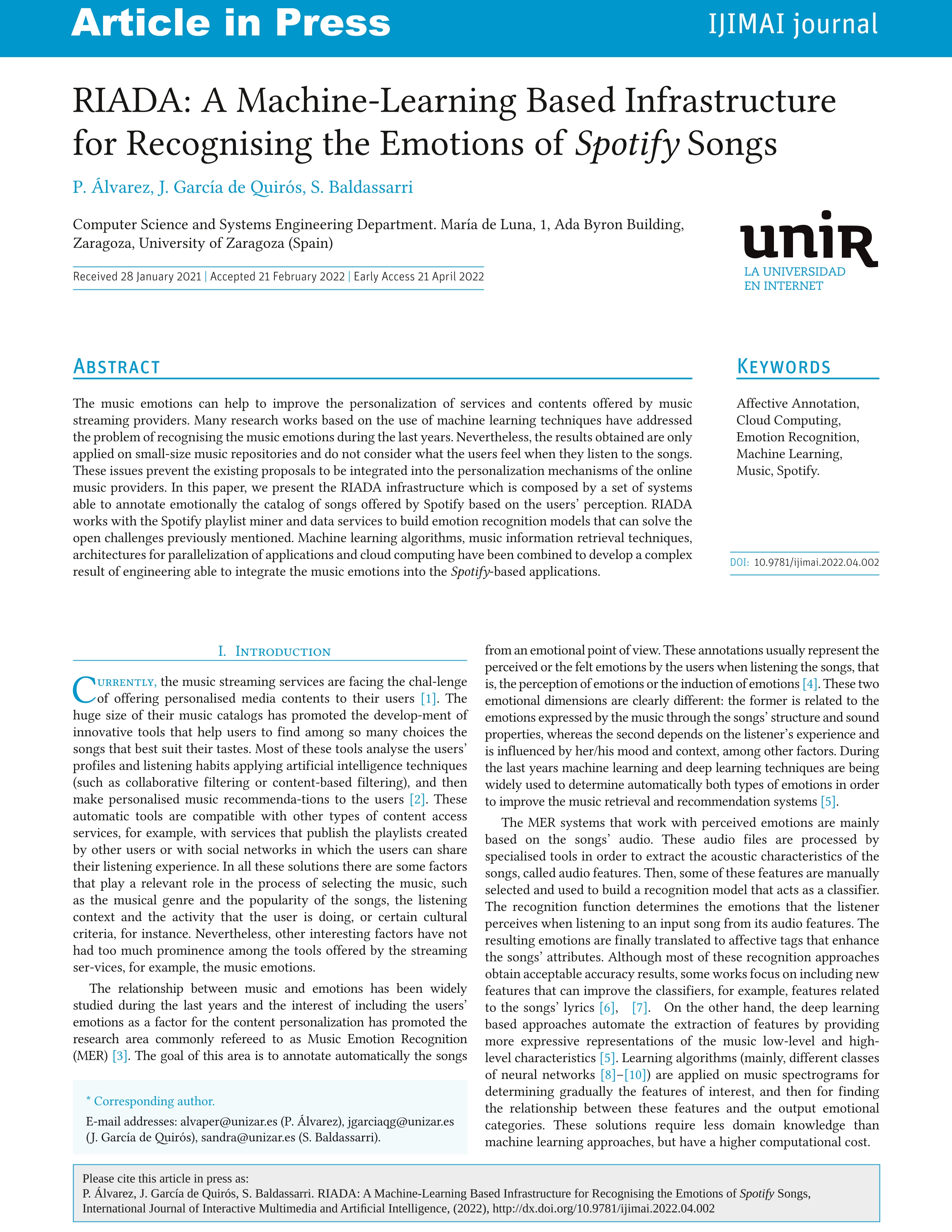 Riada: a machine-learning based infrastructure for recognising the emotions of Spotify songs