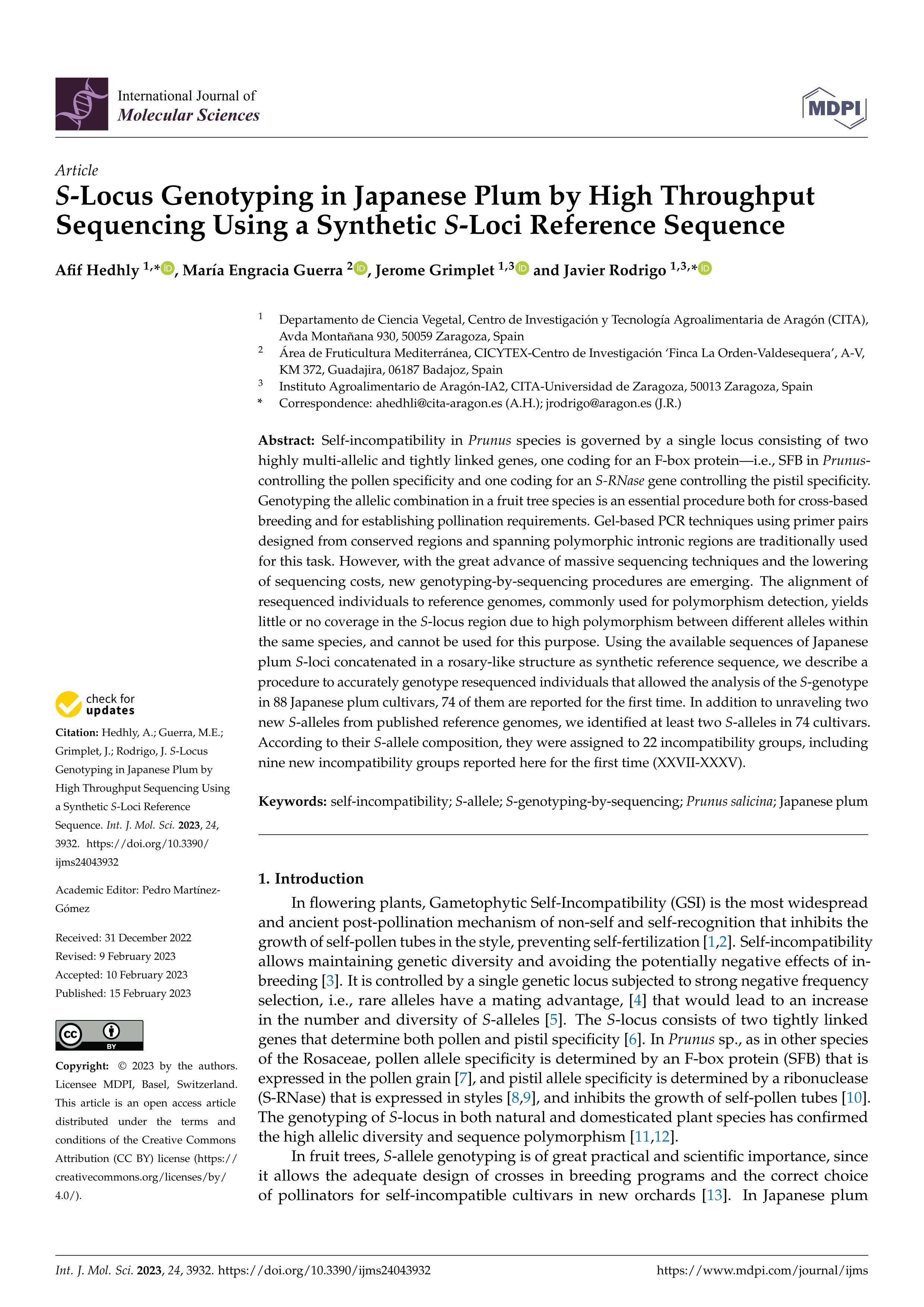 S-Locus genotyping in Japanese plum by high throughput sequencing using a synthetic S-loci reference sequence