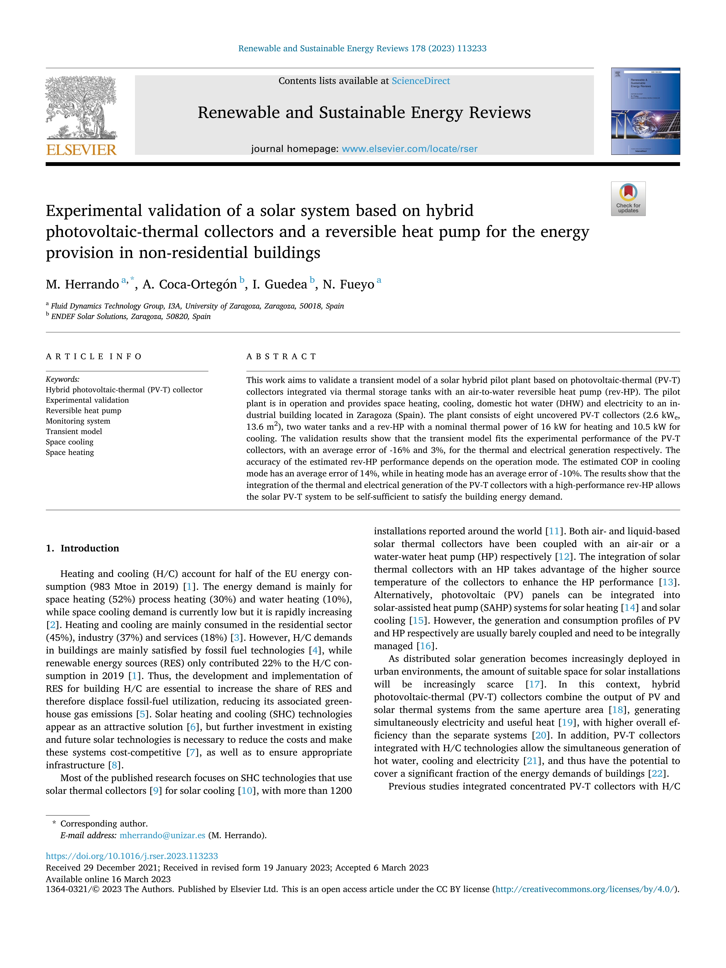 Experimental validation of a solar system based on hybrid photovoltaic-thermal collectors and a reversible heat pump for the energy provision in non-residential buildings