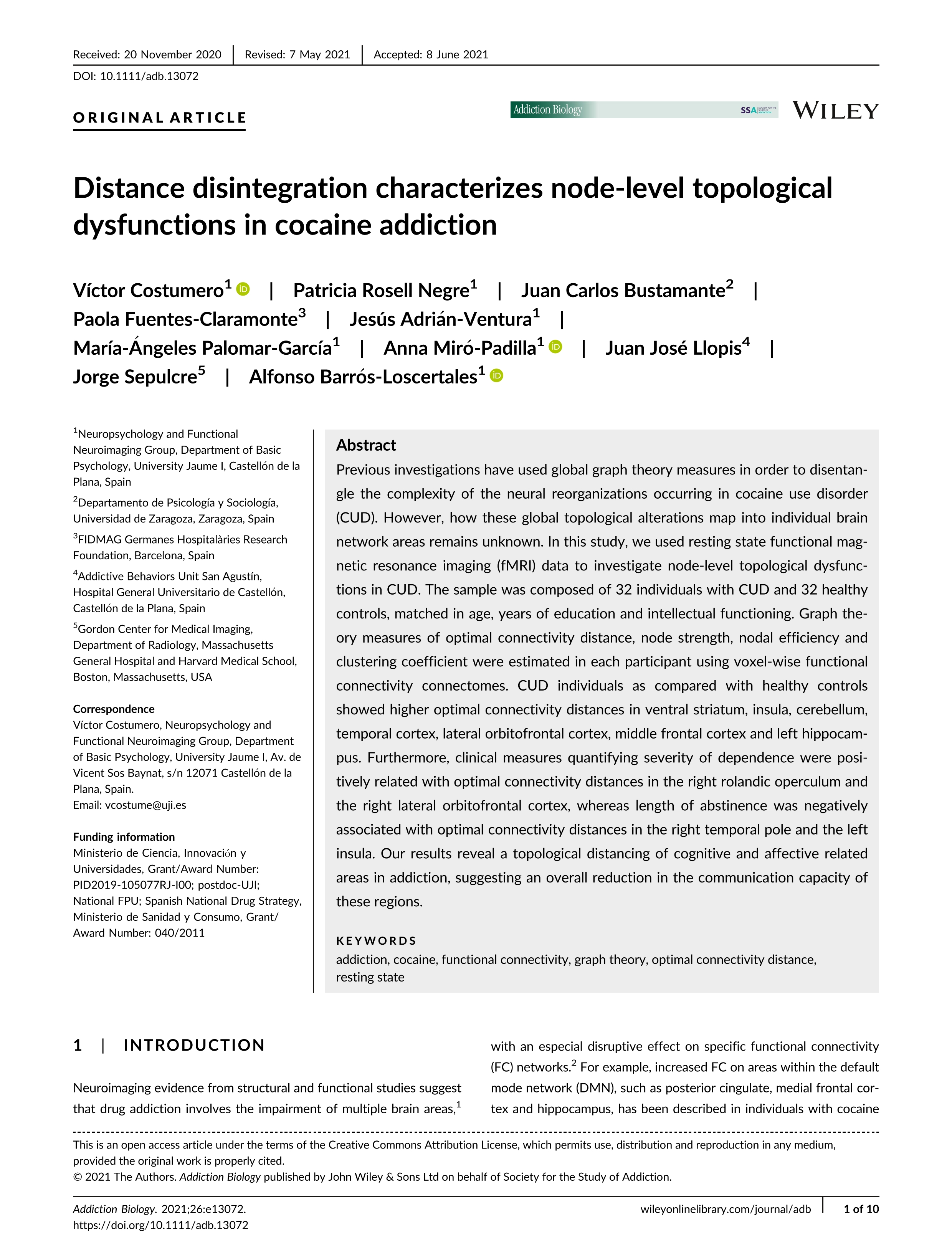 Distance disintegration characterizes node-level topological dysfunctions in cocaine addiction