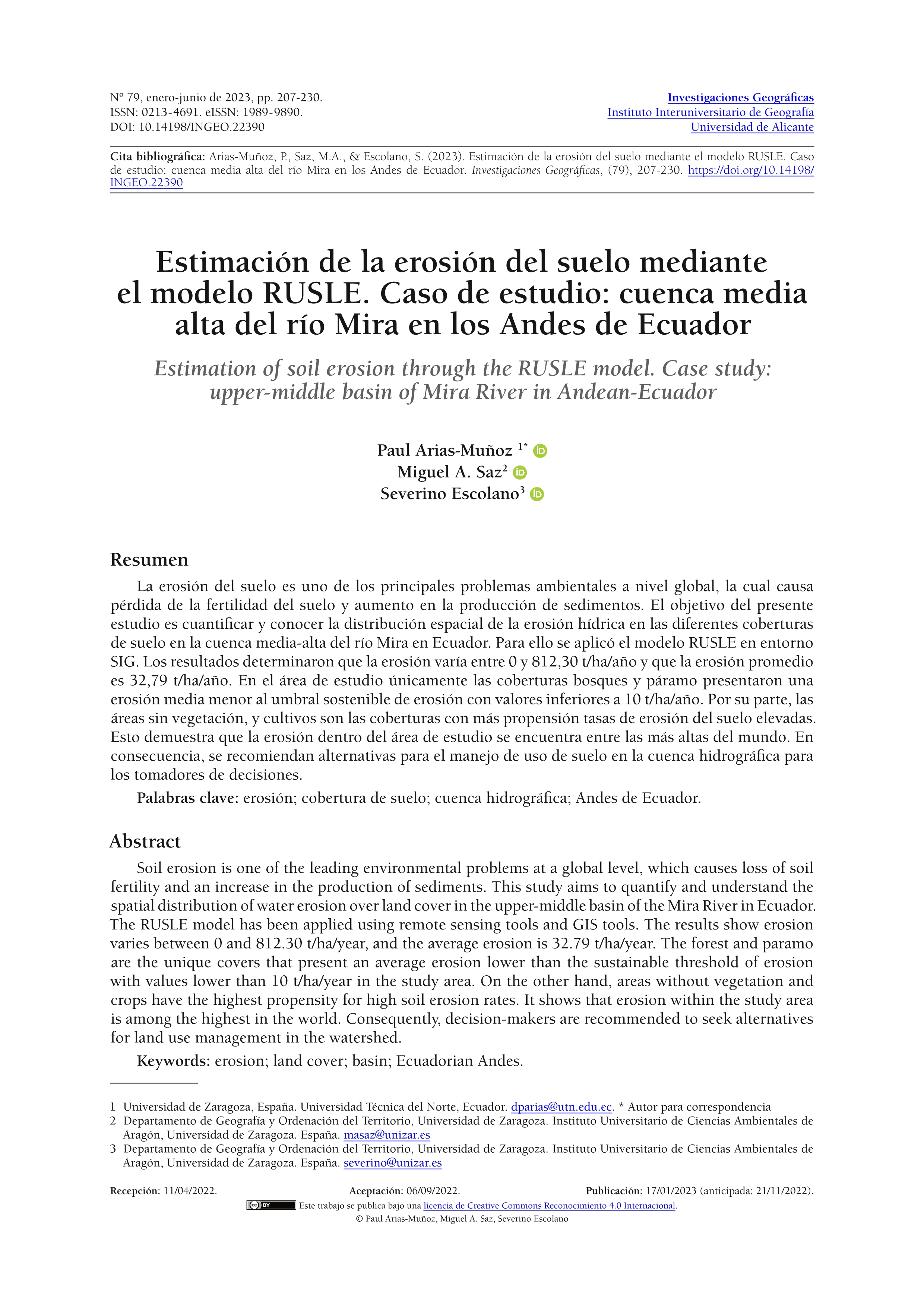 Estimación de la erosión del suelo mediante el modelo RUSLE. Caso de estudio: cuenca media alta del río Mira en los Andes de Ecuador