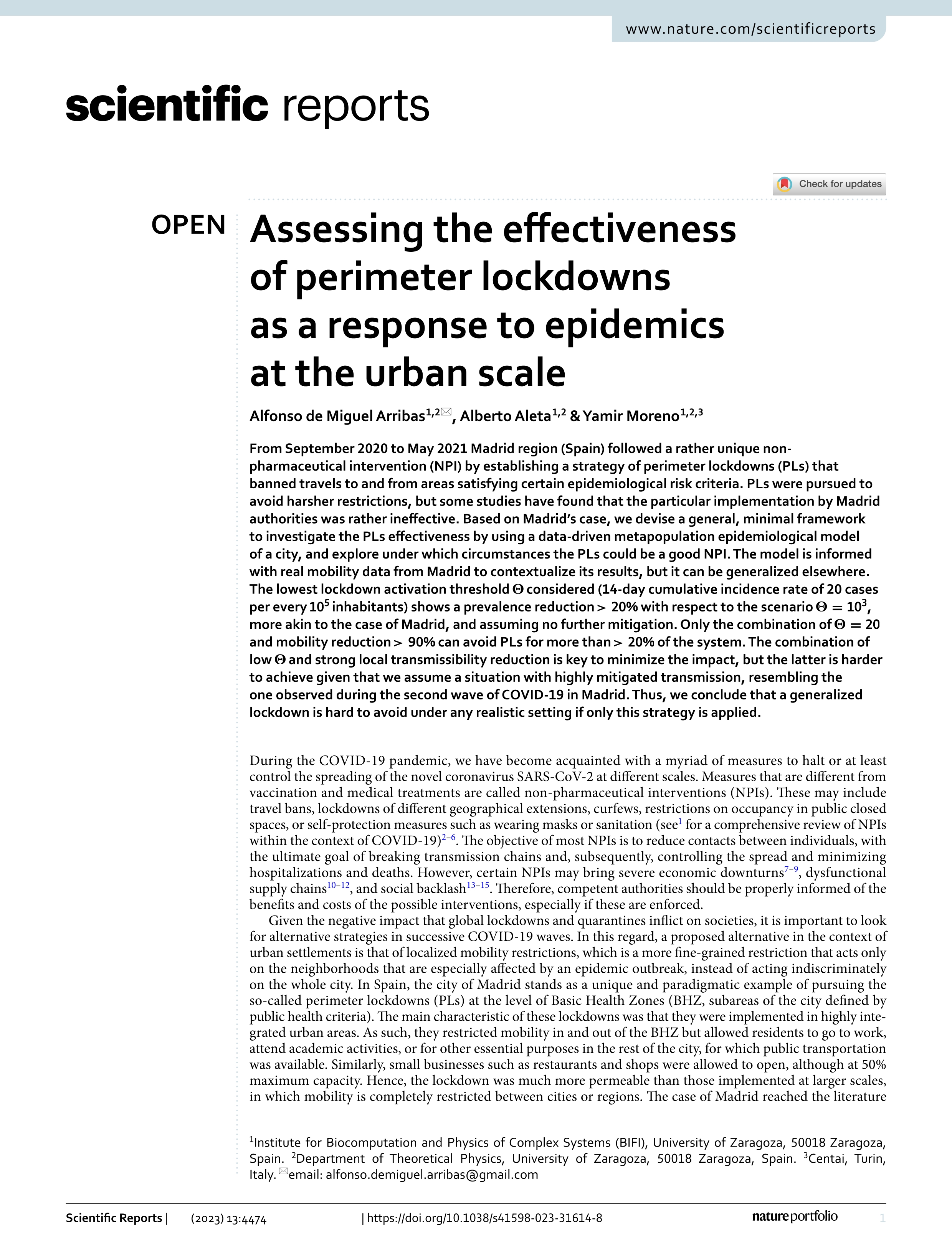 Assessing the effectiveness of perimeter lockdowns as a response to epidemics at the urban scale