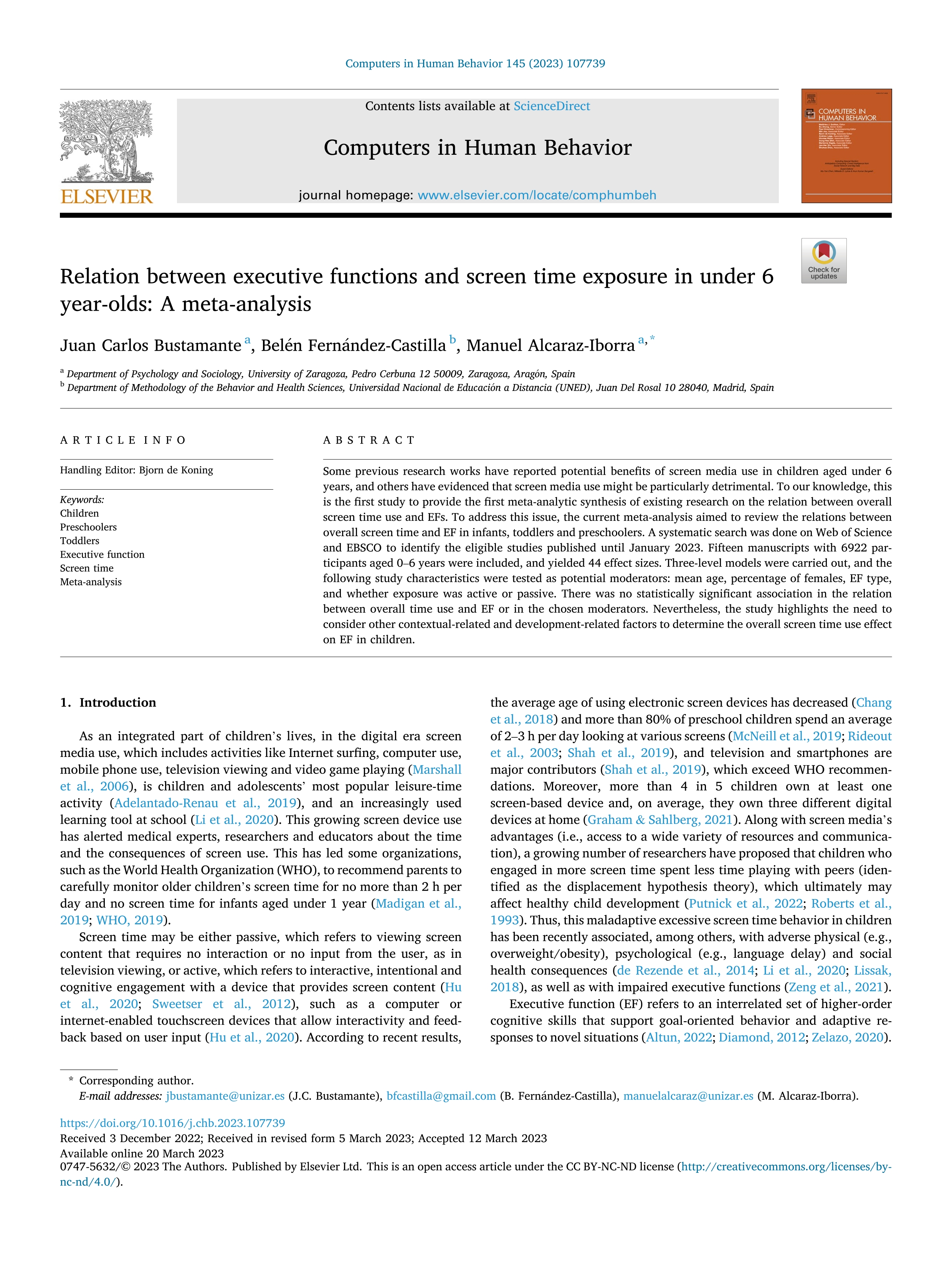 Relation between executive functions and screen time exposure in under 6 year-olds: a meta-analysis