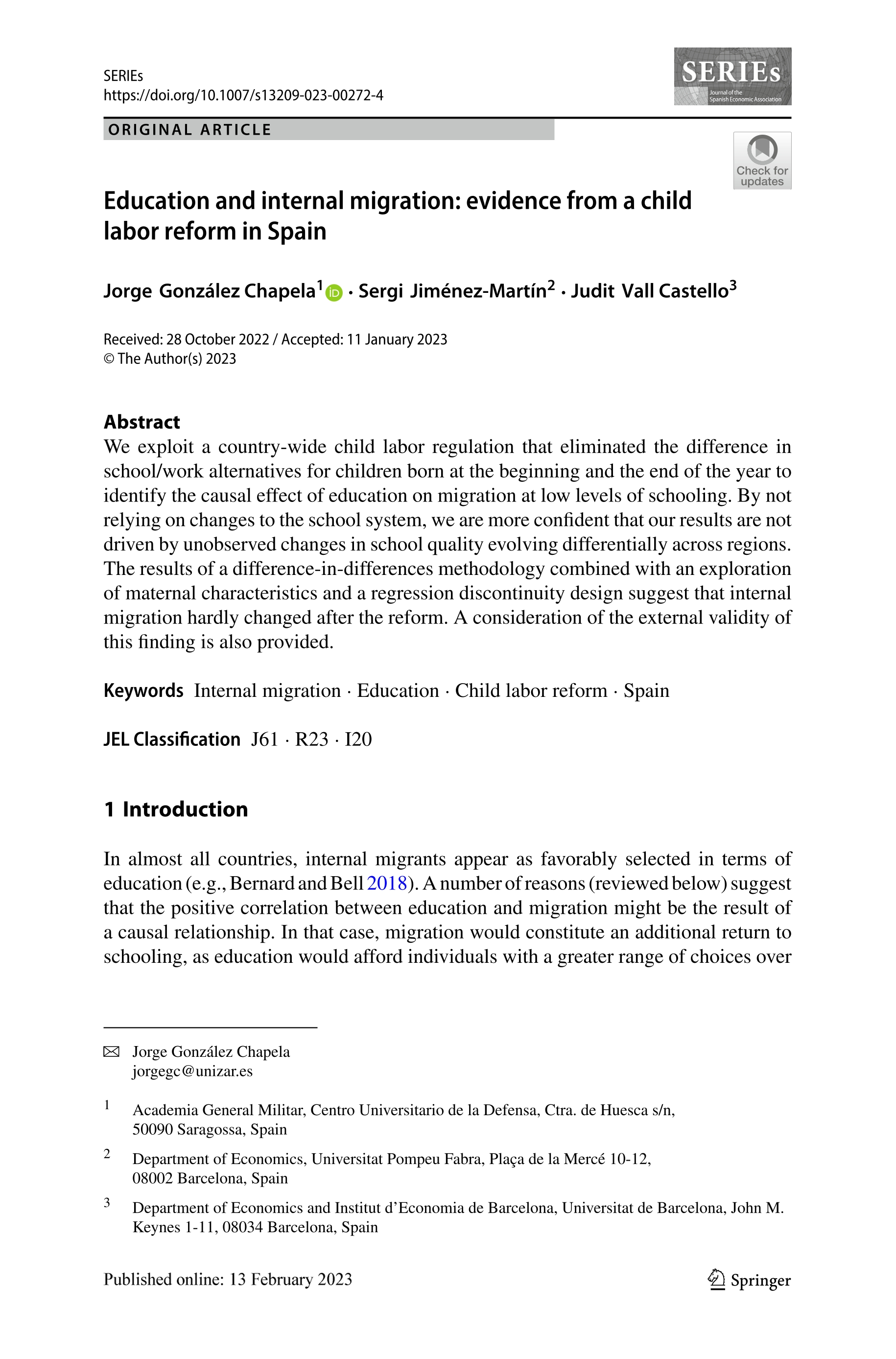 Education and internal migration: evidence from a child labor reform in Spain