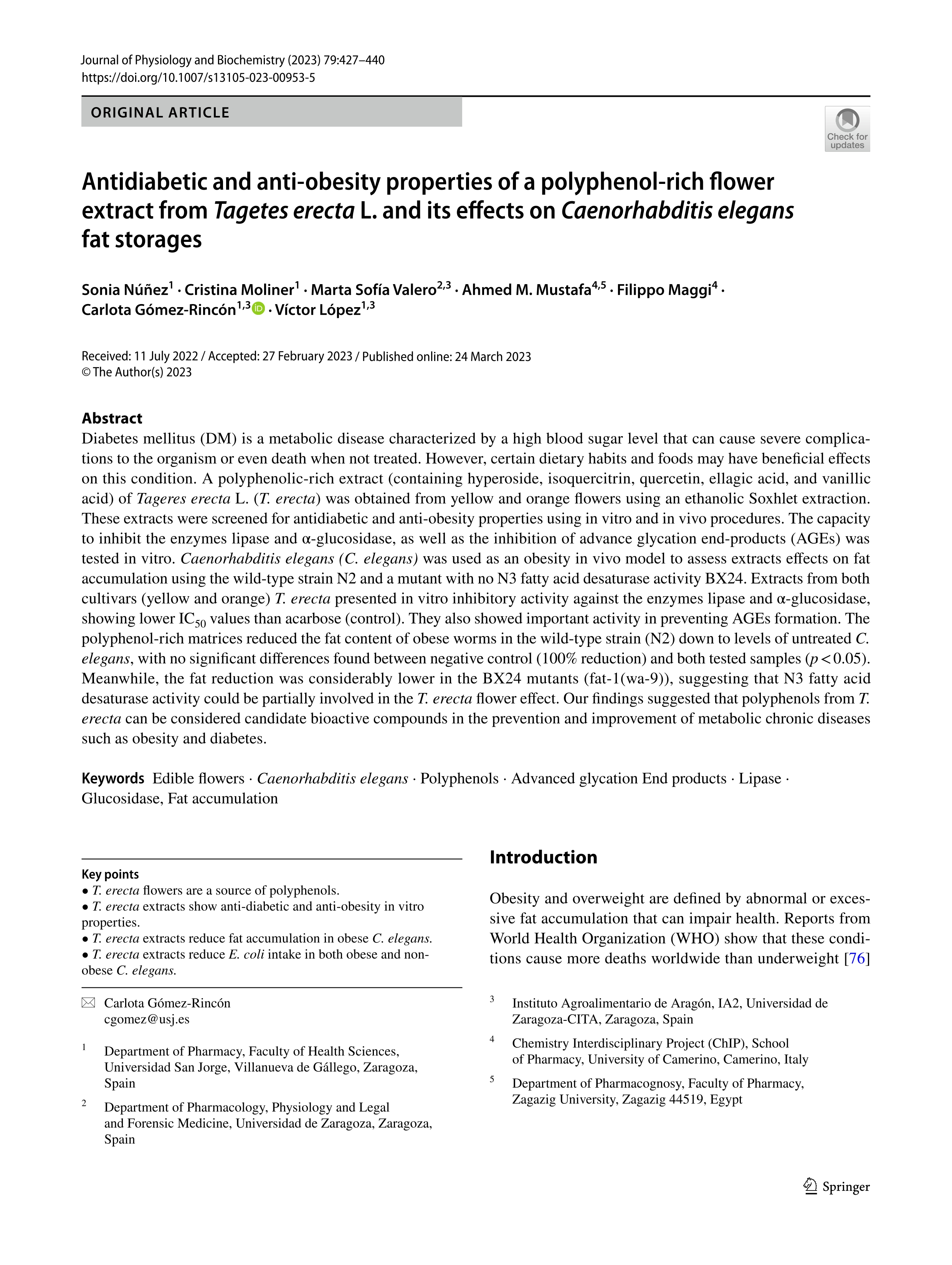 Antidiabetic and anti-obesity properties of a polyphenol-rich flower extract from Tagetes Erecta L. and its effects on Caenorhabditis Elegans fat storages