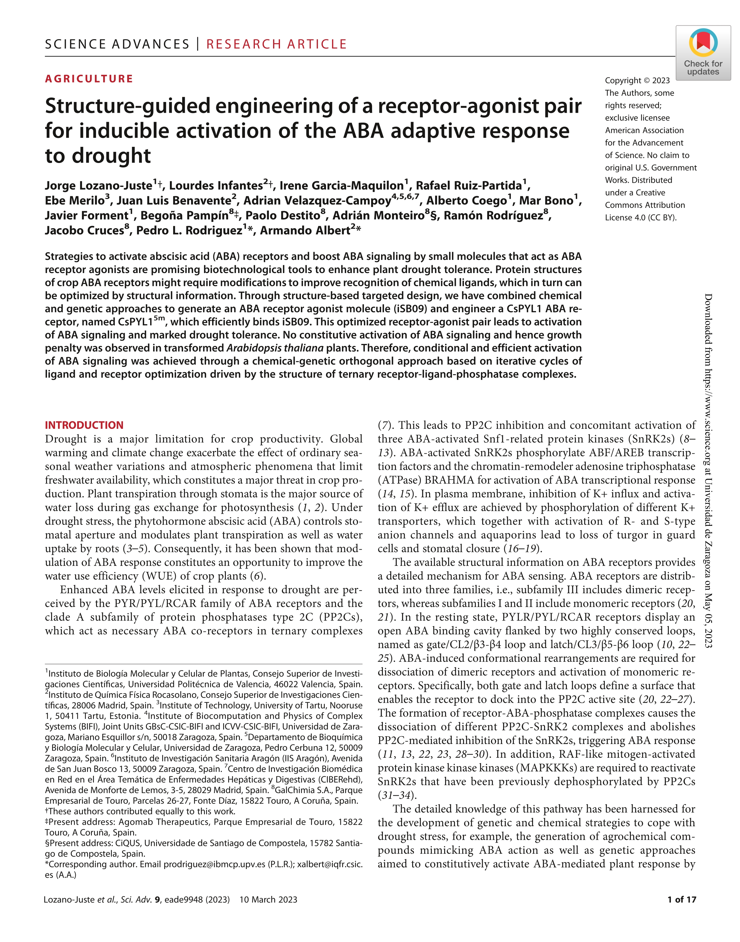 Structure-guided engineering of a receptor-agonist pair for inducible activation of the ABA adaptive response to drought