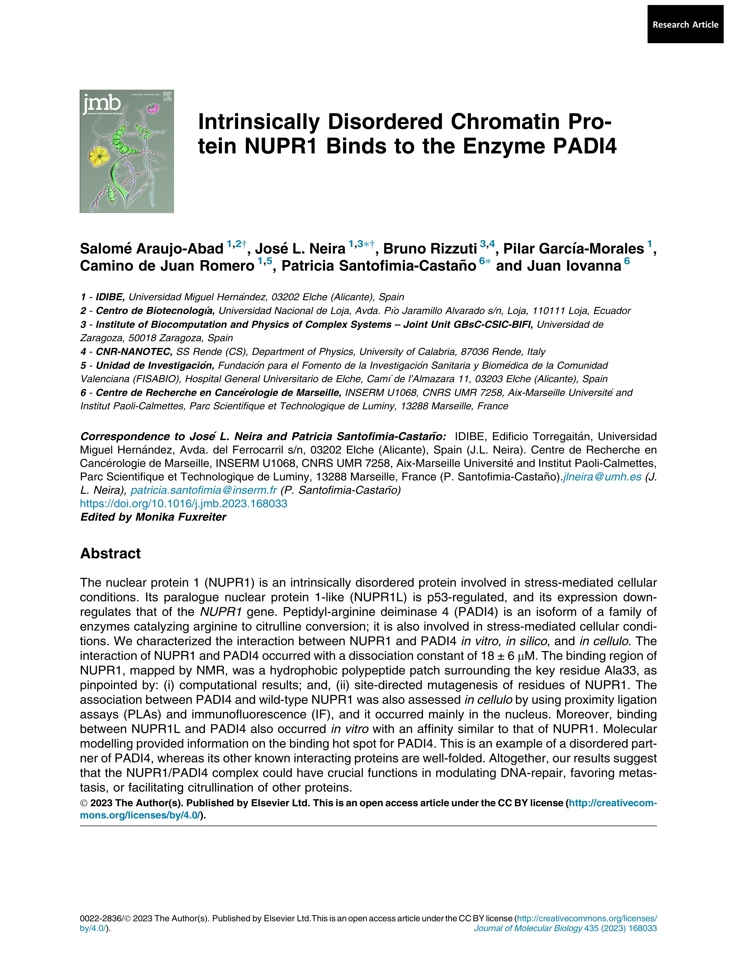 Intrinsically disordered chromatin protein NUPR1 binds to the enzyme PADI4