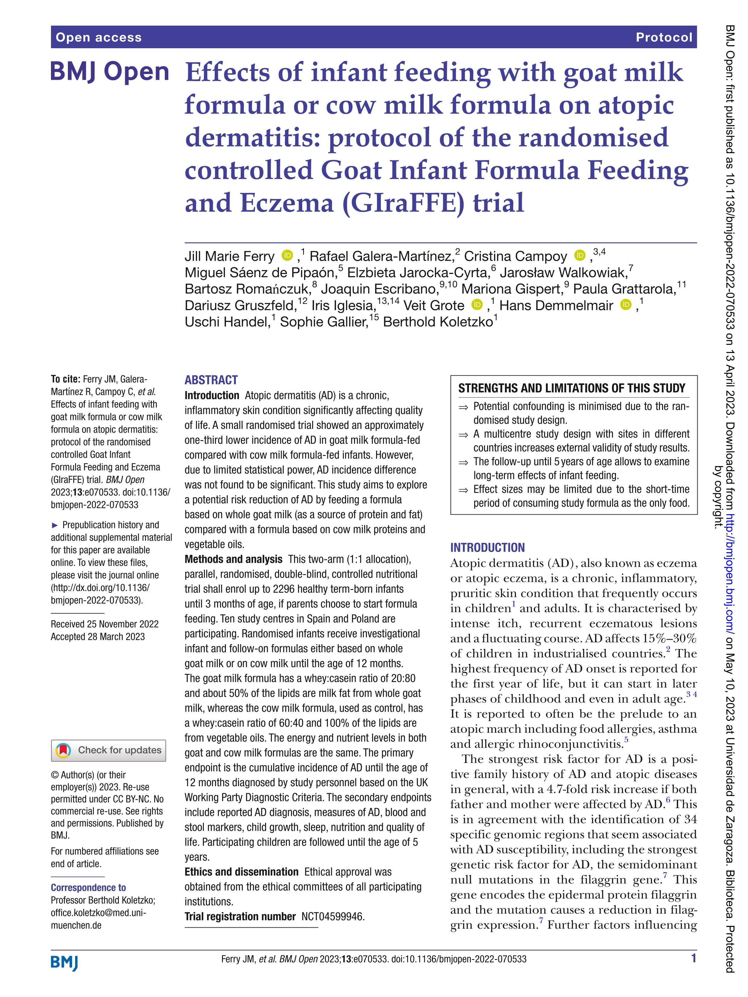 Effects of infant feeding with goat milk formula or cow milk formula on atopic dermatitis: protocol of the randomised controlled Goat Infant Formula Feeding and Eczema (GIraFFE) trial