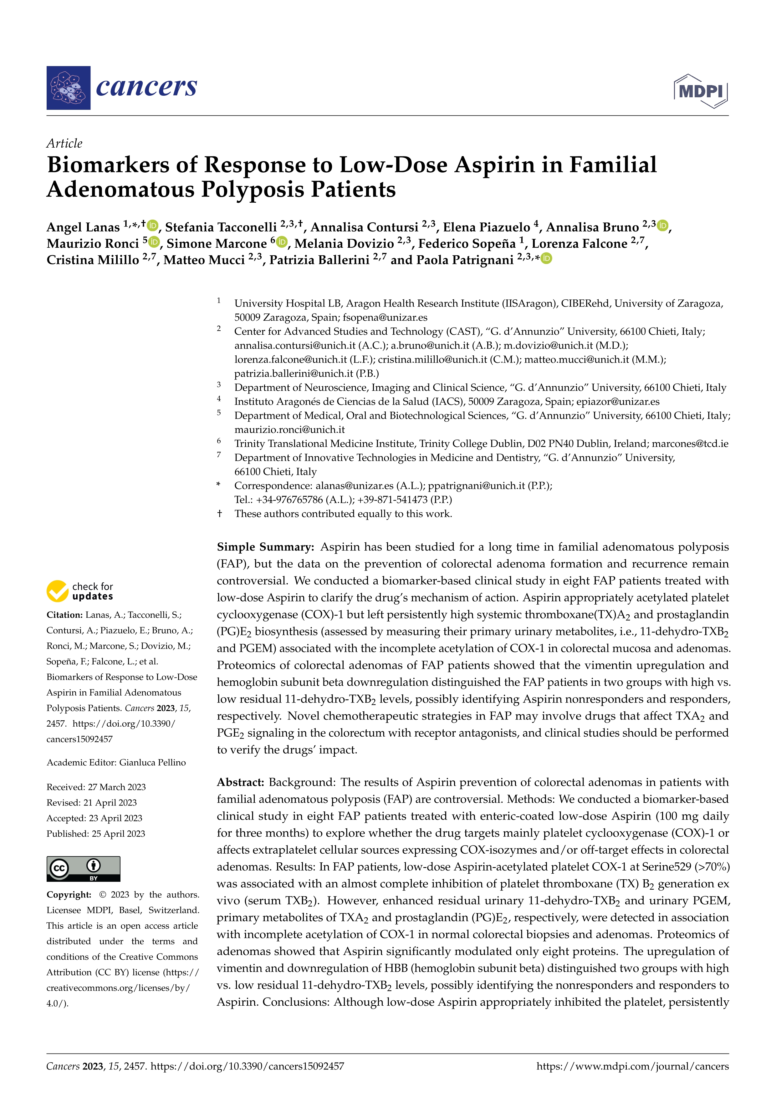 Biomarkers of response to low-dose aspirin in familial adenomatous polyposis patients