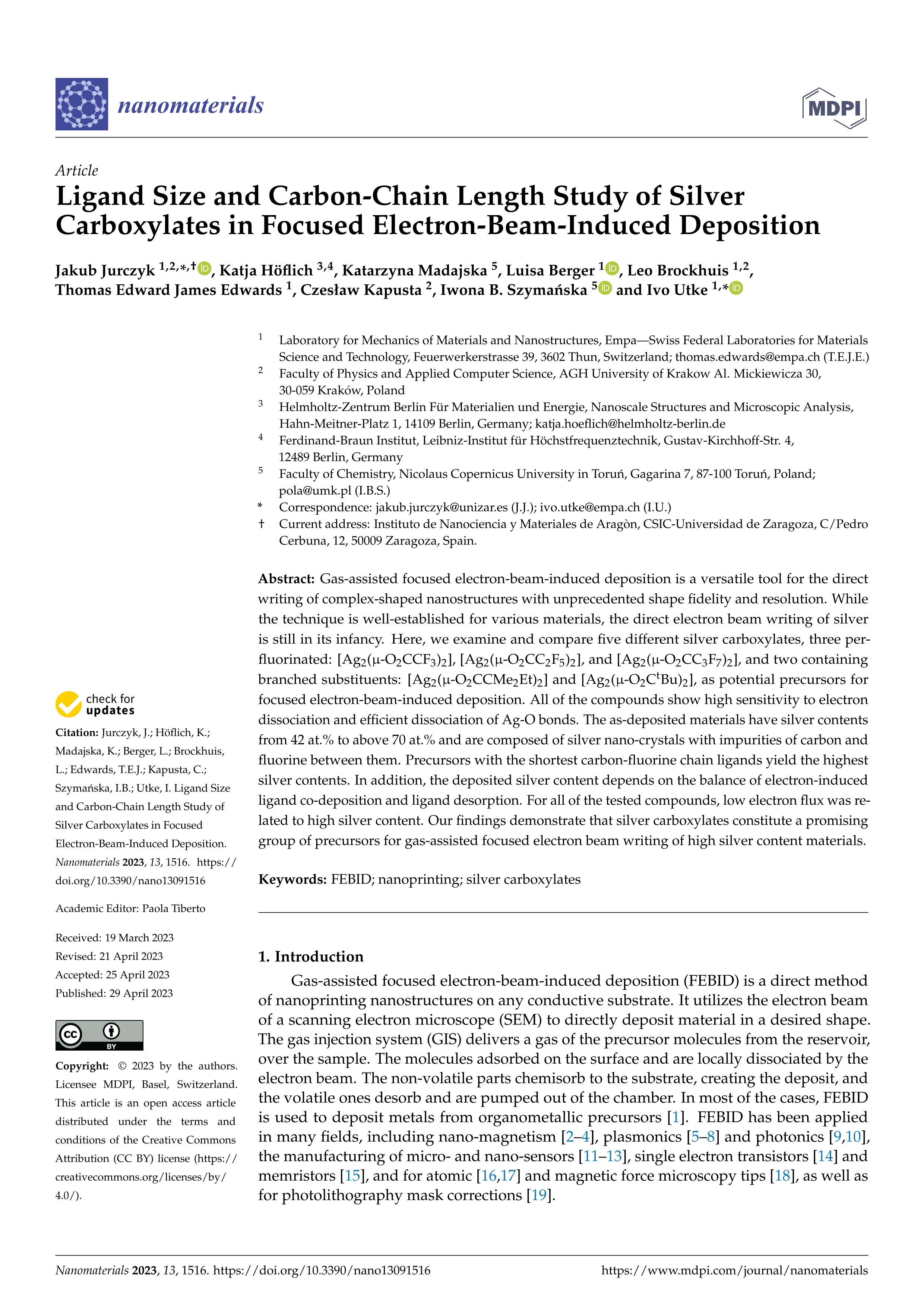 Ligand size and carbon-chain length study of silver carboxylates in focused electron-beam-induced deposition