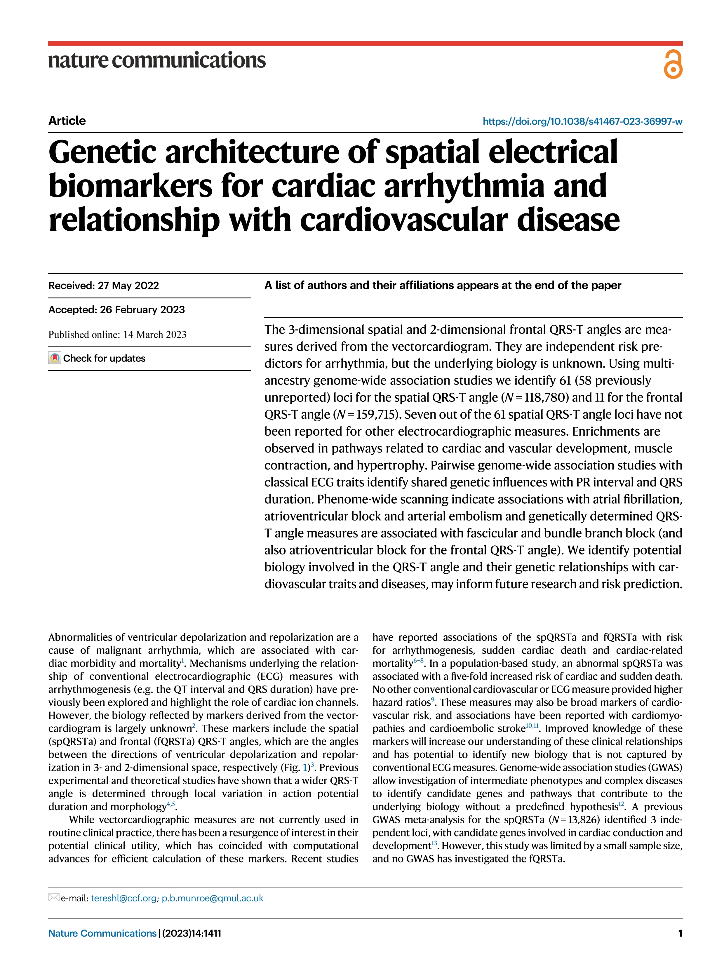 Genetic architecture of spatial electrical biomarkers for cardiac arrhythmia and relationship with cardiovascular disease