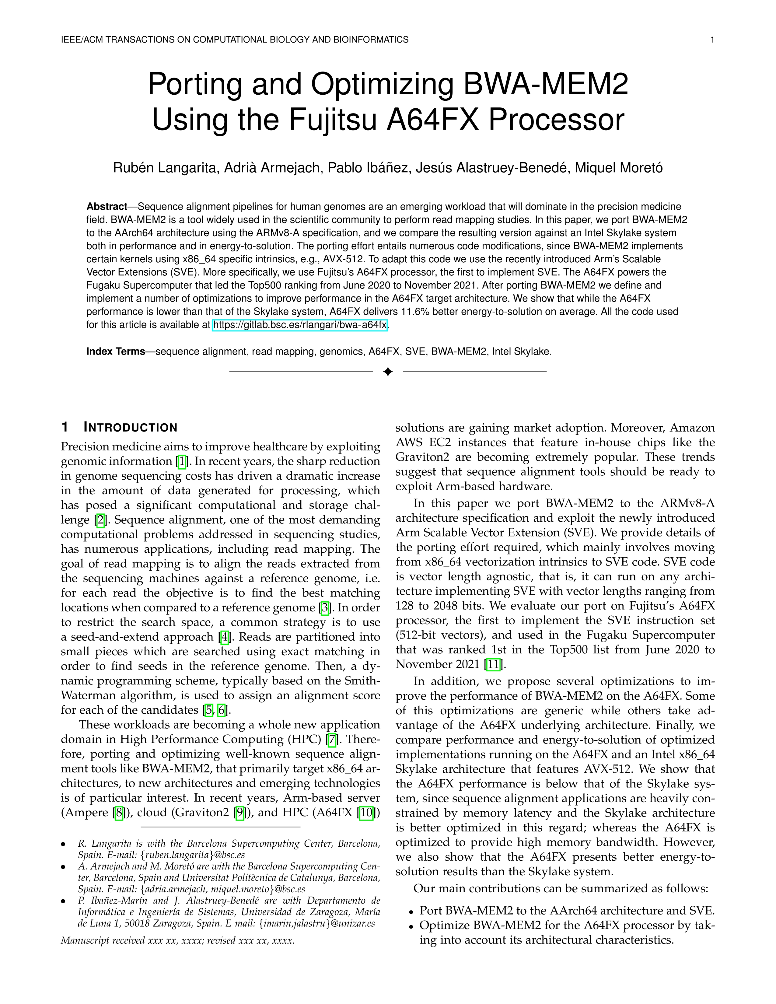 Porting and optimizing BWA-MEM2 using the Fujitsu A64FX processor