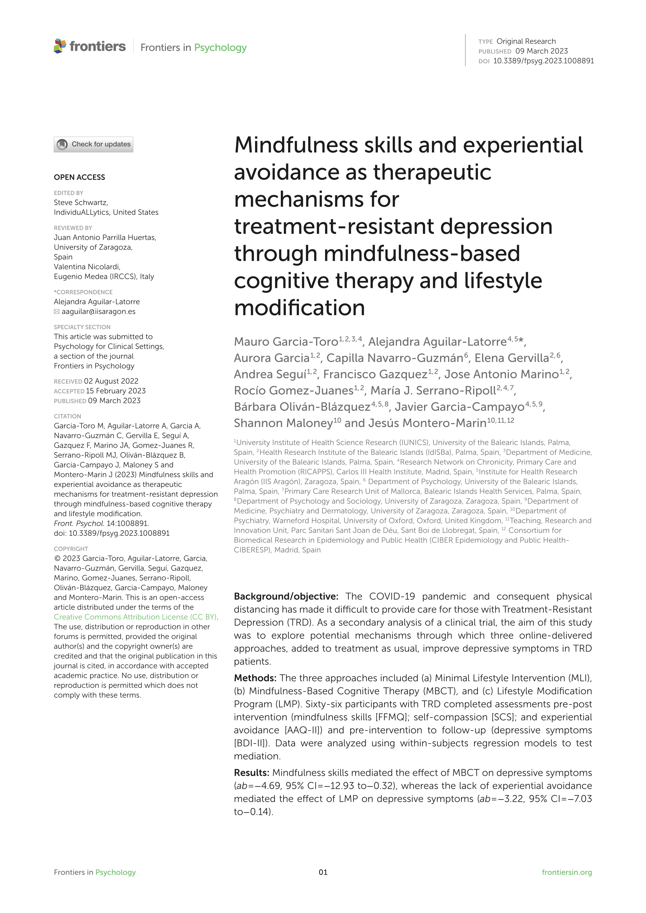 Mindfulness skills and experiential avoidance as therapeutic mechanisms for treatment-resistant depression through mindfulness-based cognitive therapy and lifestyle modification