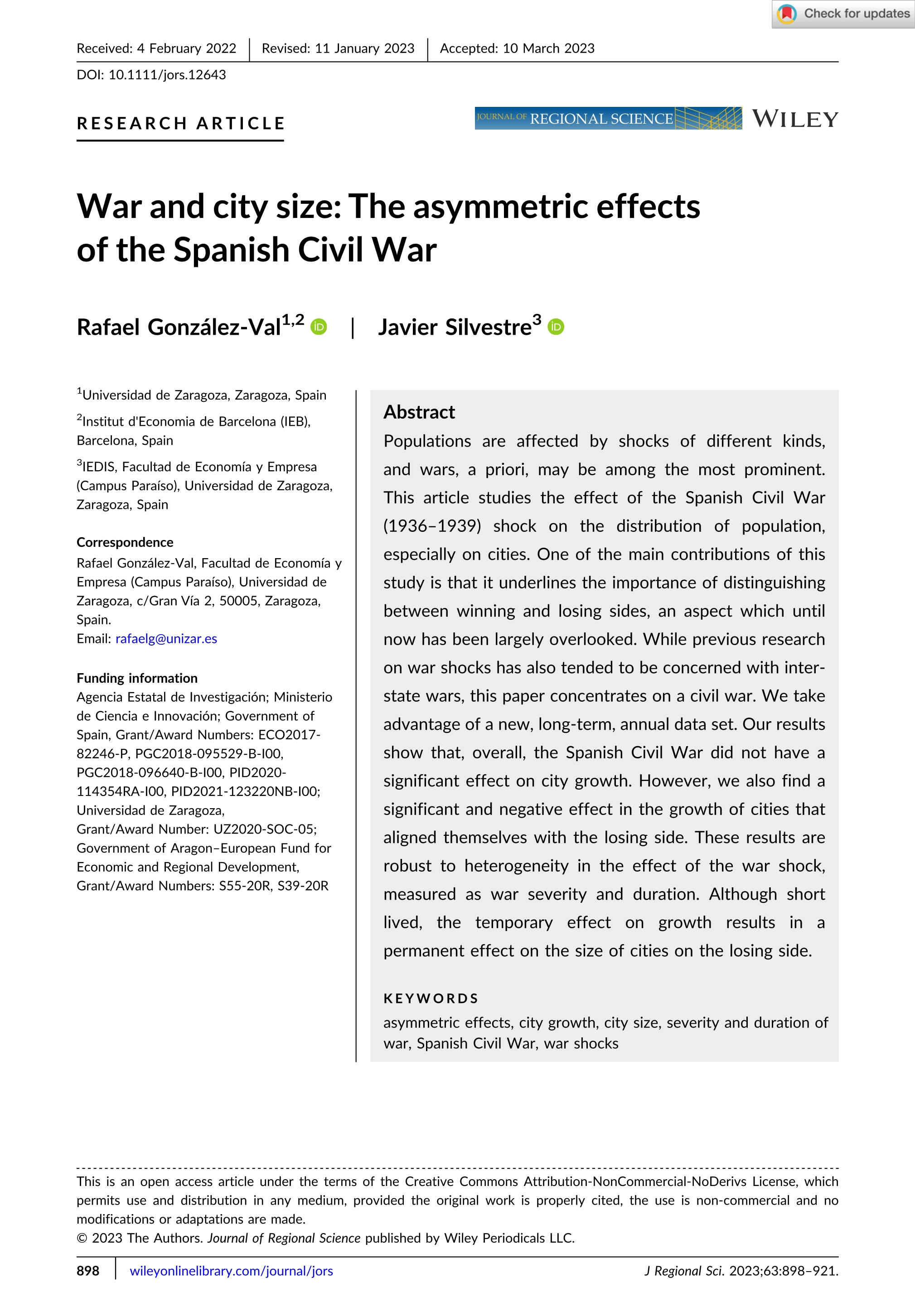 War and city size: The asymmetric effects of the Spanish Civil War