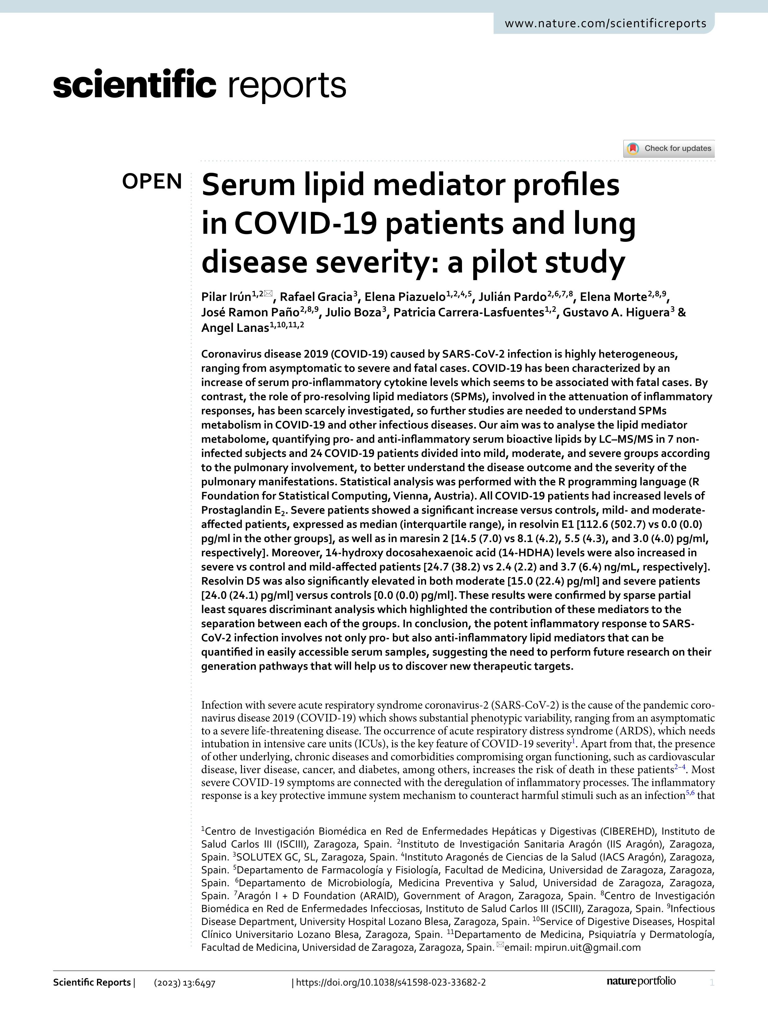 Serum lipid mediator profiles in COVID-19 patients and lung disease severity: a pilot study
