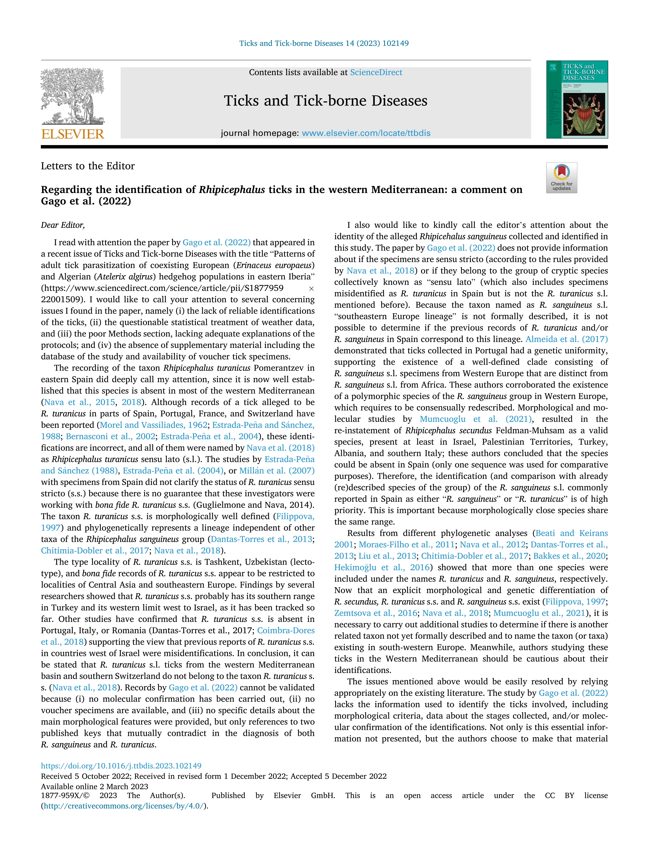 Regarding the identification of Rhipicephalus ticks in the western Mediterranean: a comment on Gago et al. (2022)