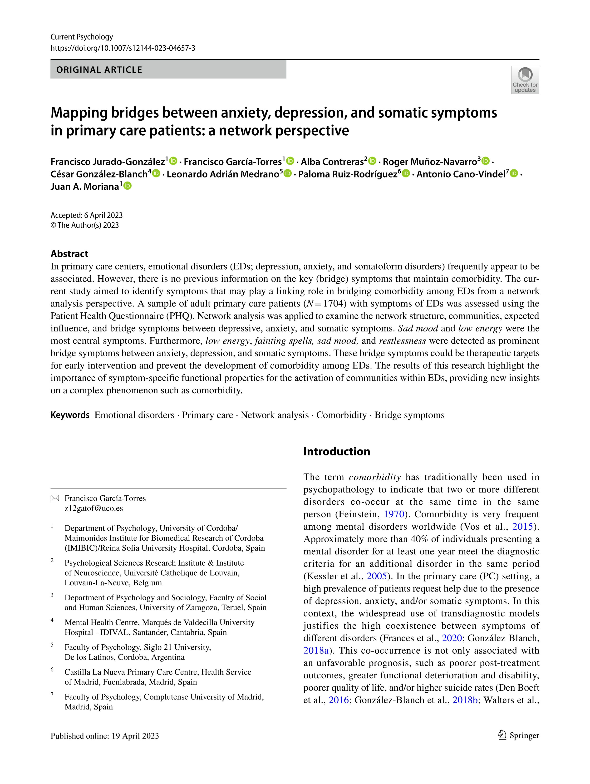 Mapping bridges between anxiety, depression, and somatic symptoms in primary care patients: a network perspective
