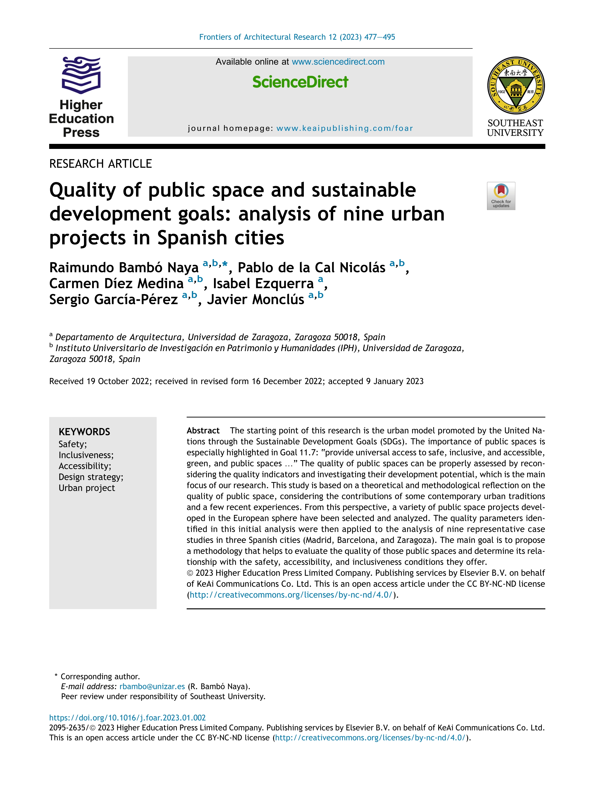 Quality of public space and sustainable development goals: analysis of nine urban projects in Spanish cities