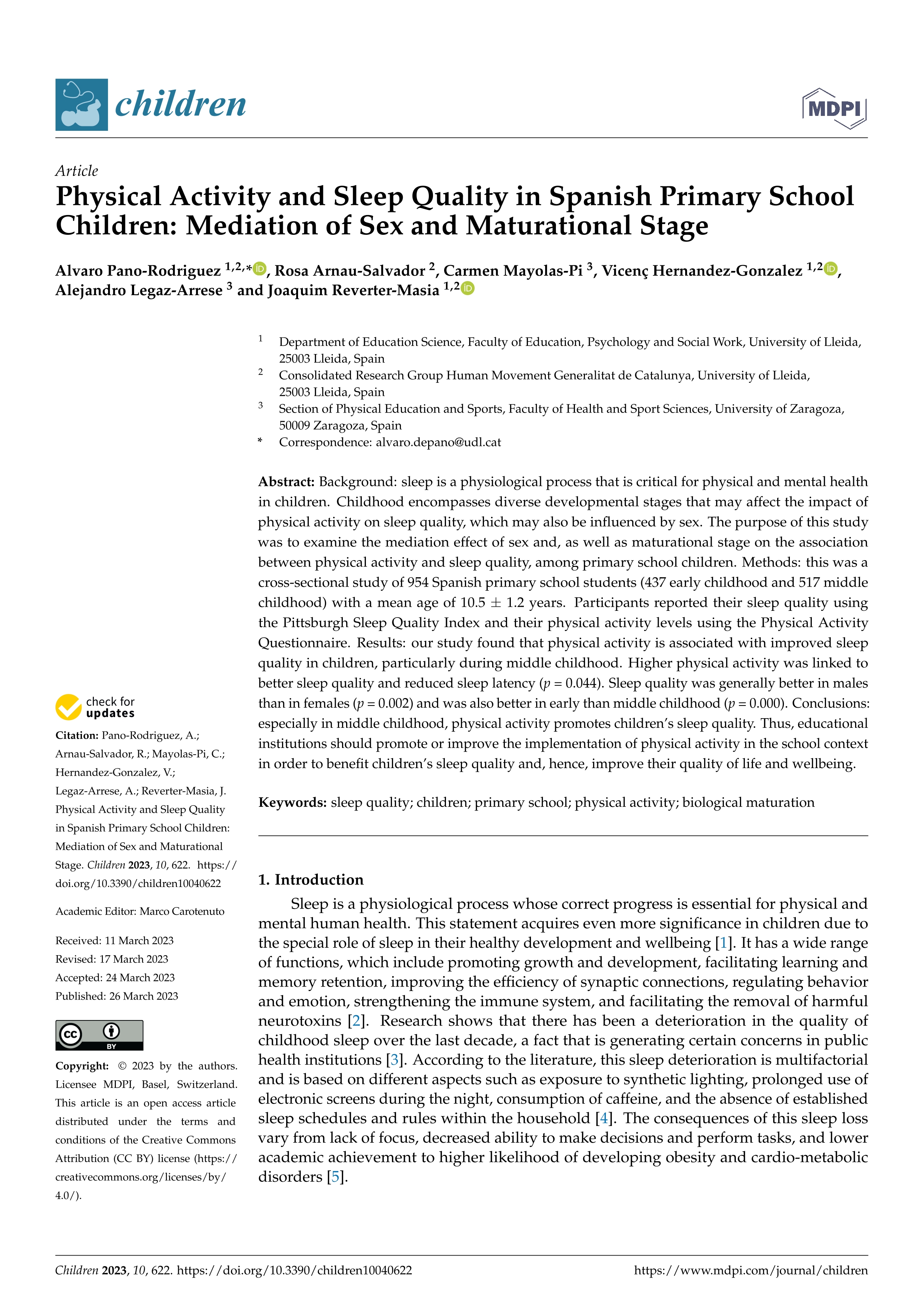 Physical activity and sleep quality in spanish primary school children: mediation of sex and maturational stage