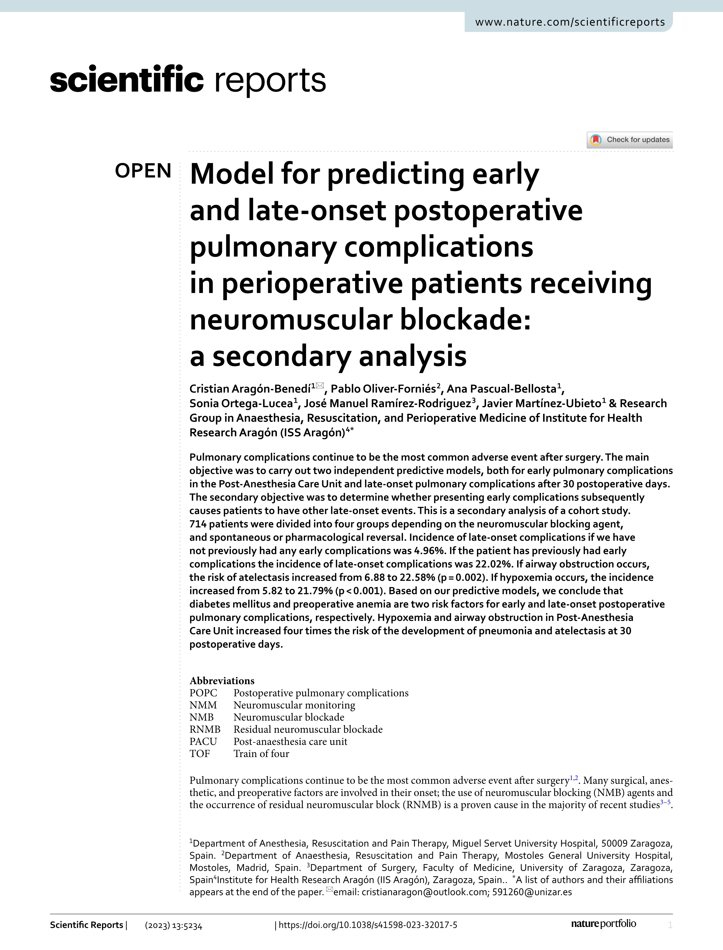 Model for predicting early and late-onset postoperative pulmonary complications in perioperative patients receiving neuromuscular blockade: a secondary analysis