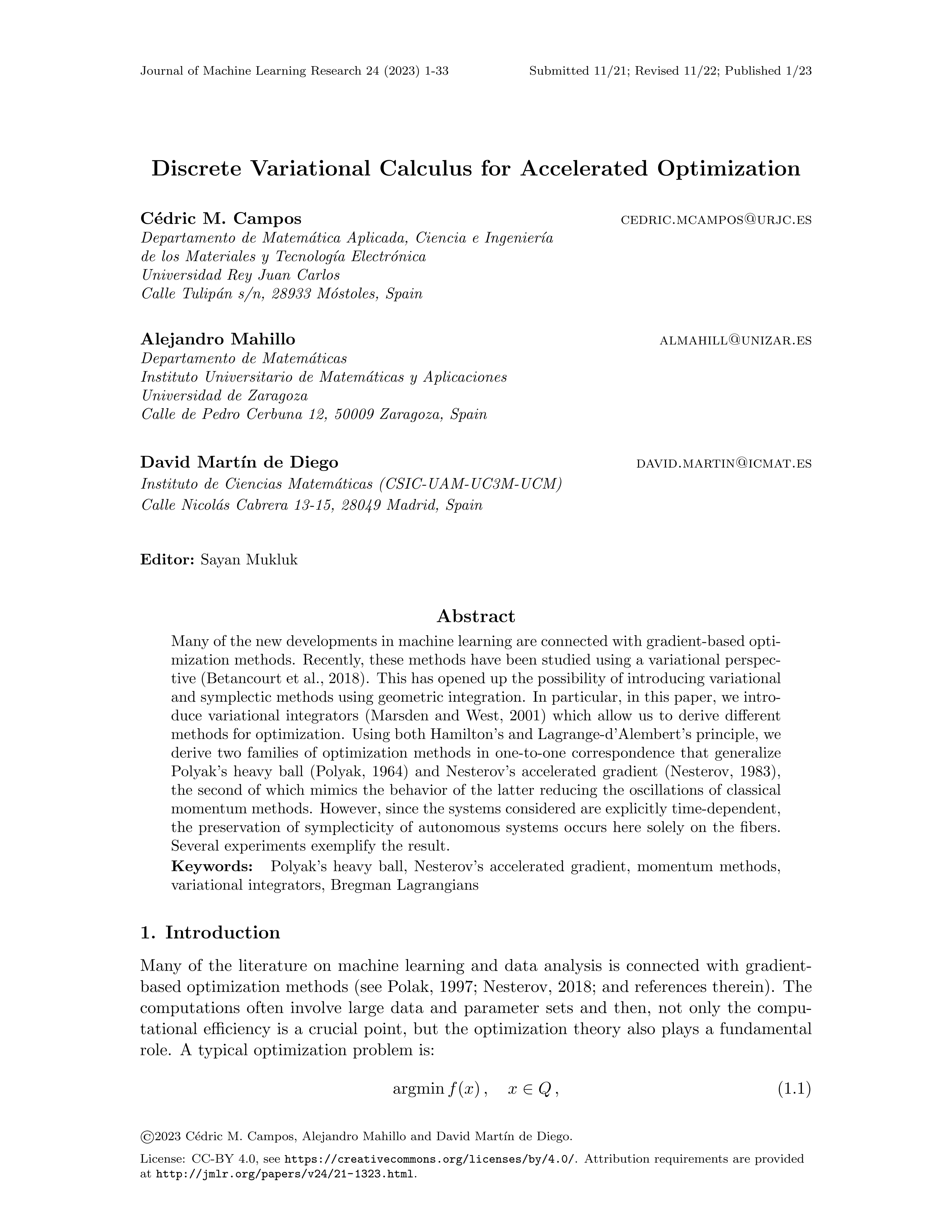 Discrete variational calculus for accelerated optimization