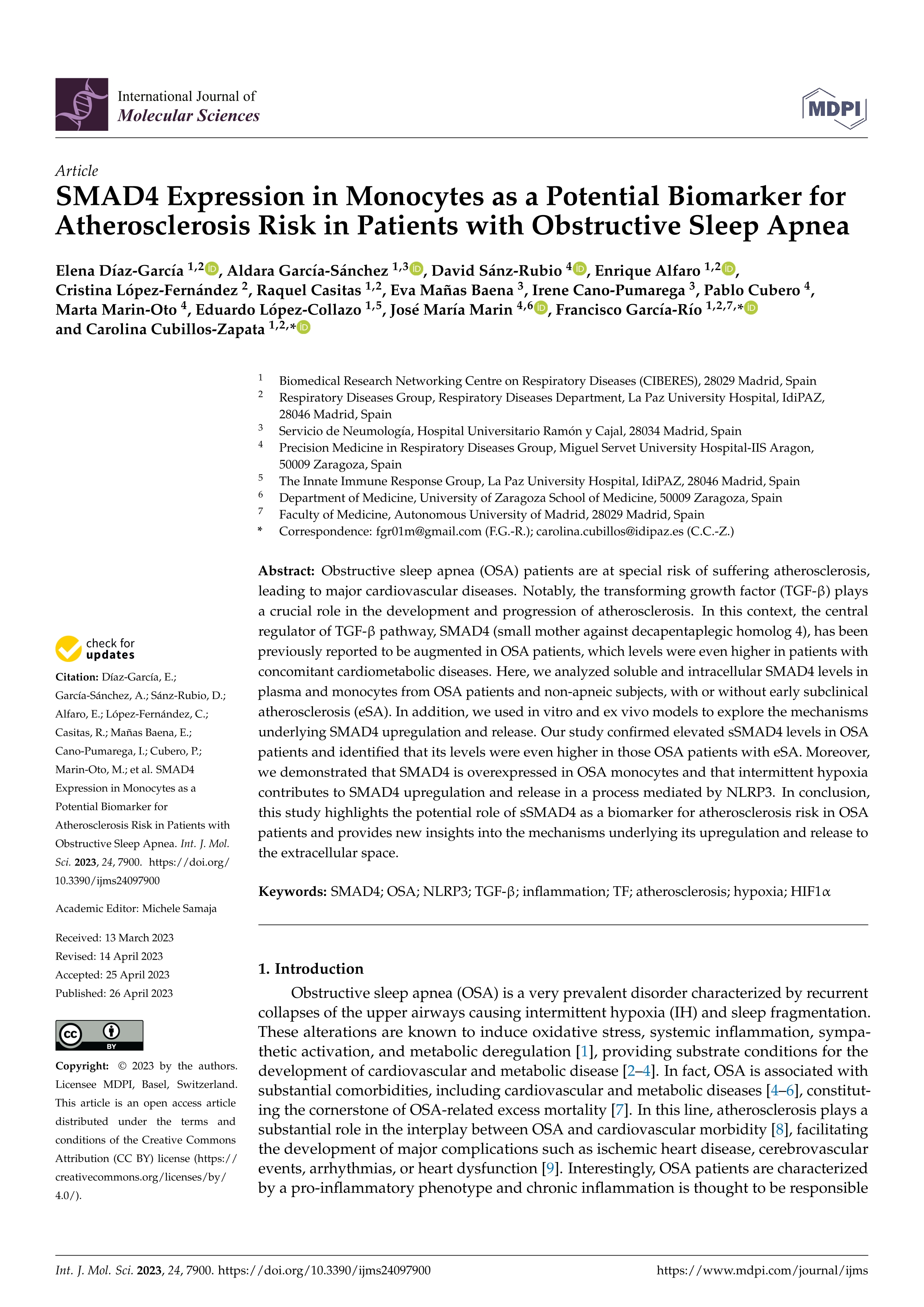 SMAD4 expression in monocytes as a potential biomarker for atherosclerosis risk in patients with obstructive sleep apnea