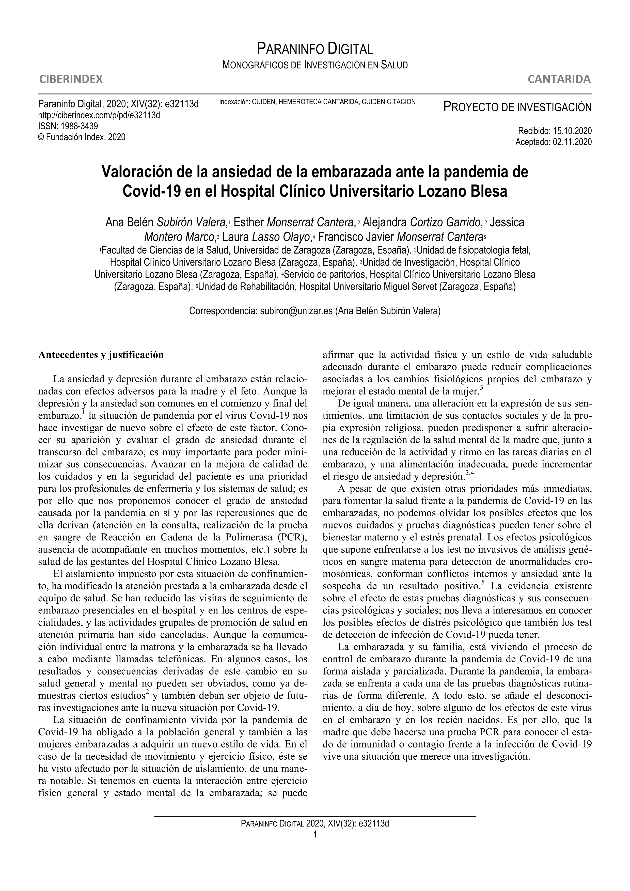 Valoración de la ansiedad de la embarazada ante la pandemia de Covid-19 en el Hospital Clínico Universitario Lozano Blesa