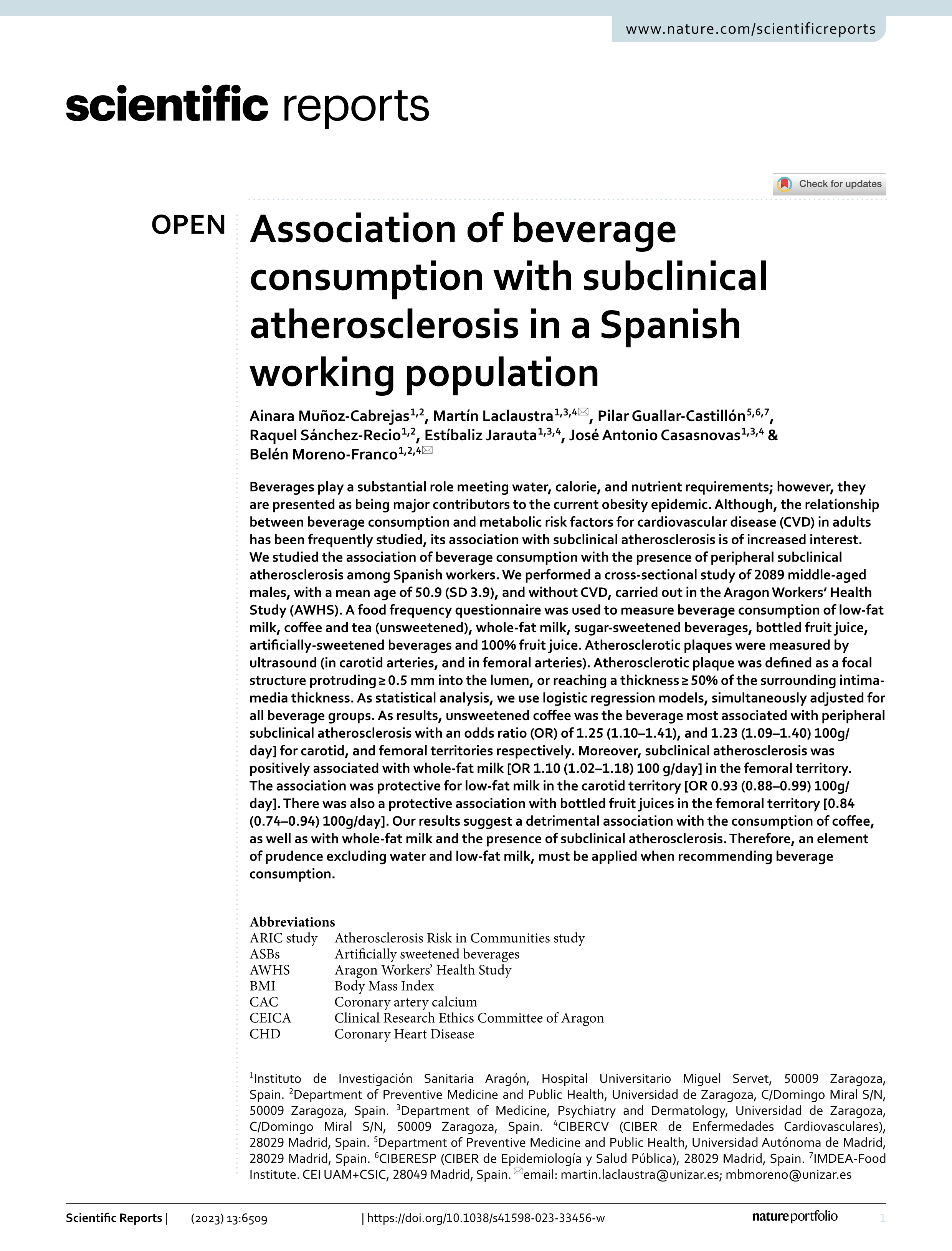 Association of beverage consumption with subclinical atherosclerosis in a Spanish working population