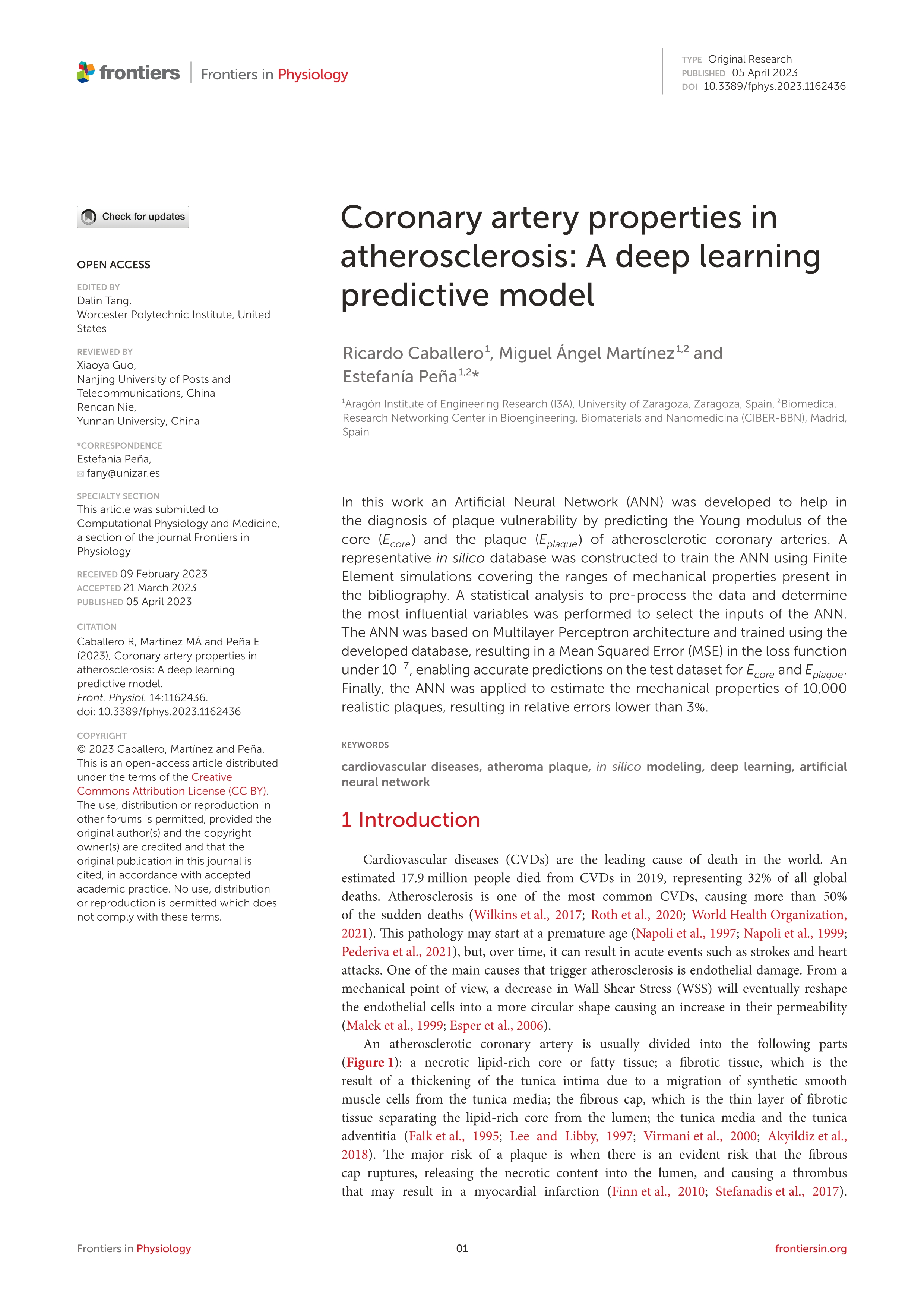 Coronary artery properties in atherosclerosis: A deep learning predictive model