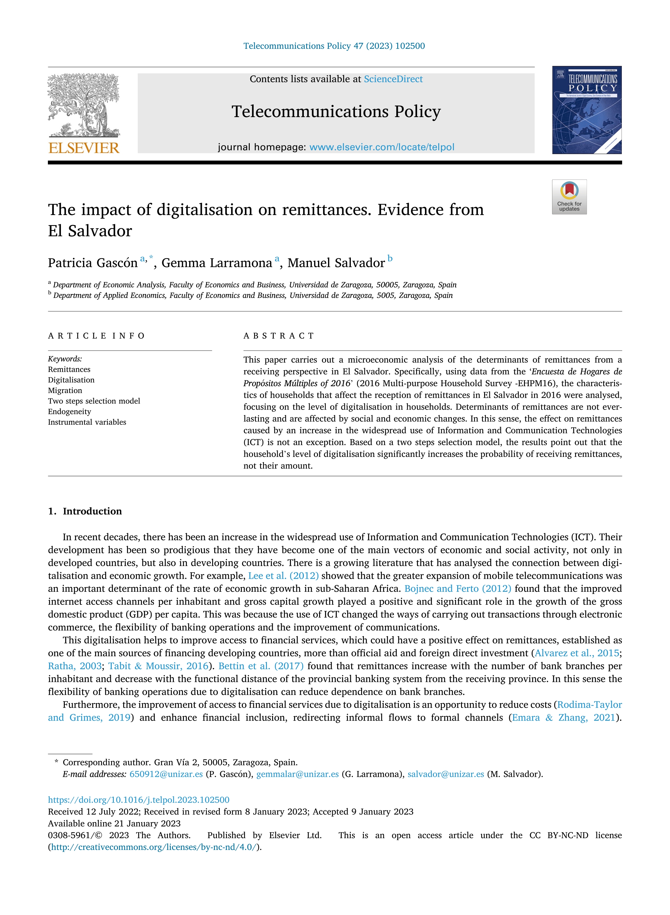 The impact of digitalisation on remittances. Evidence from El Salvador