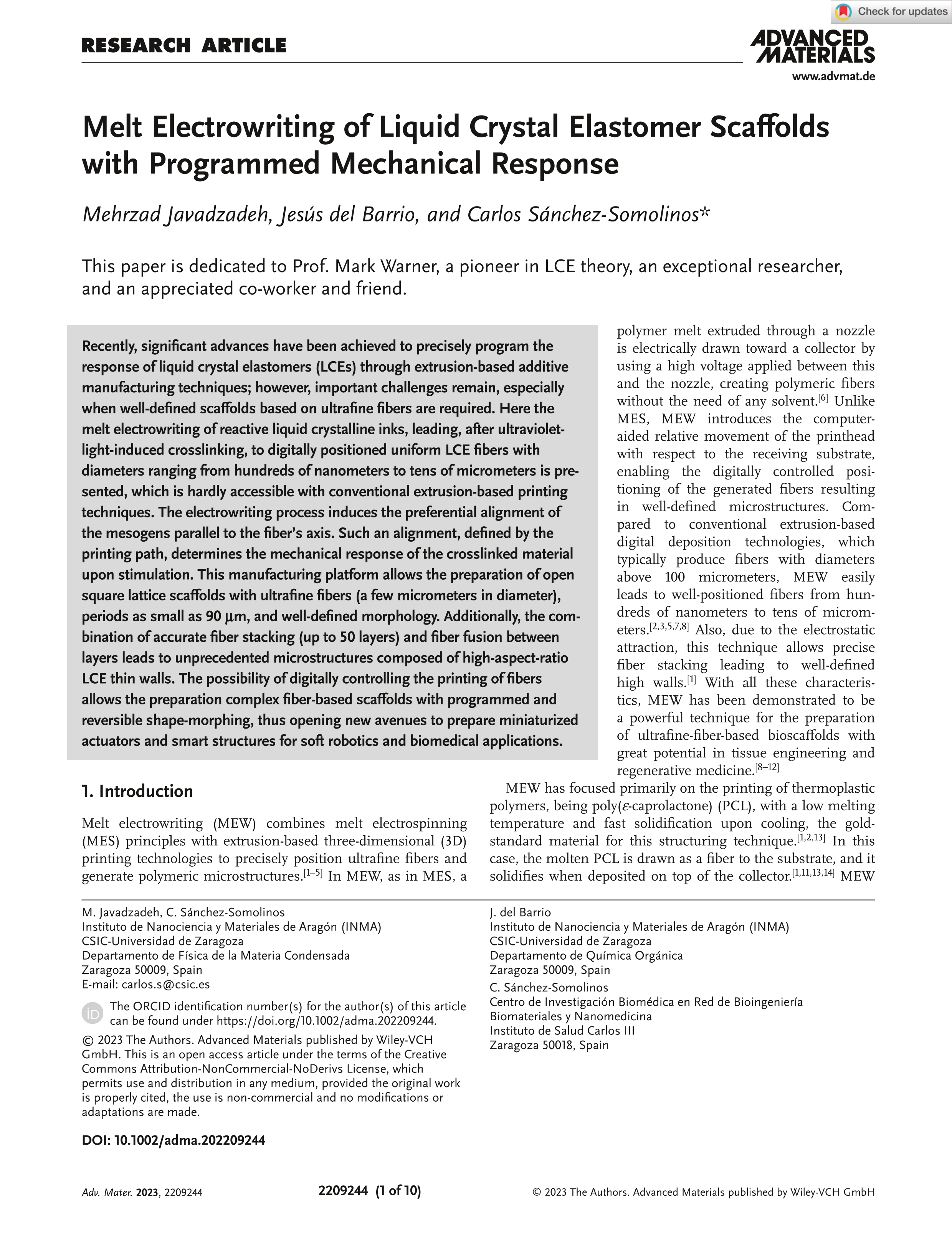 Melt electrowriting of liquid crystal elastomer scaffolds with programmed mechanical response