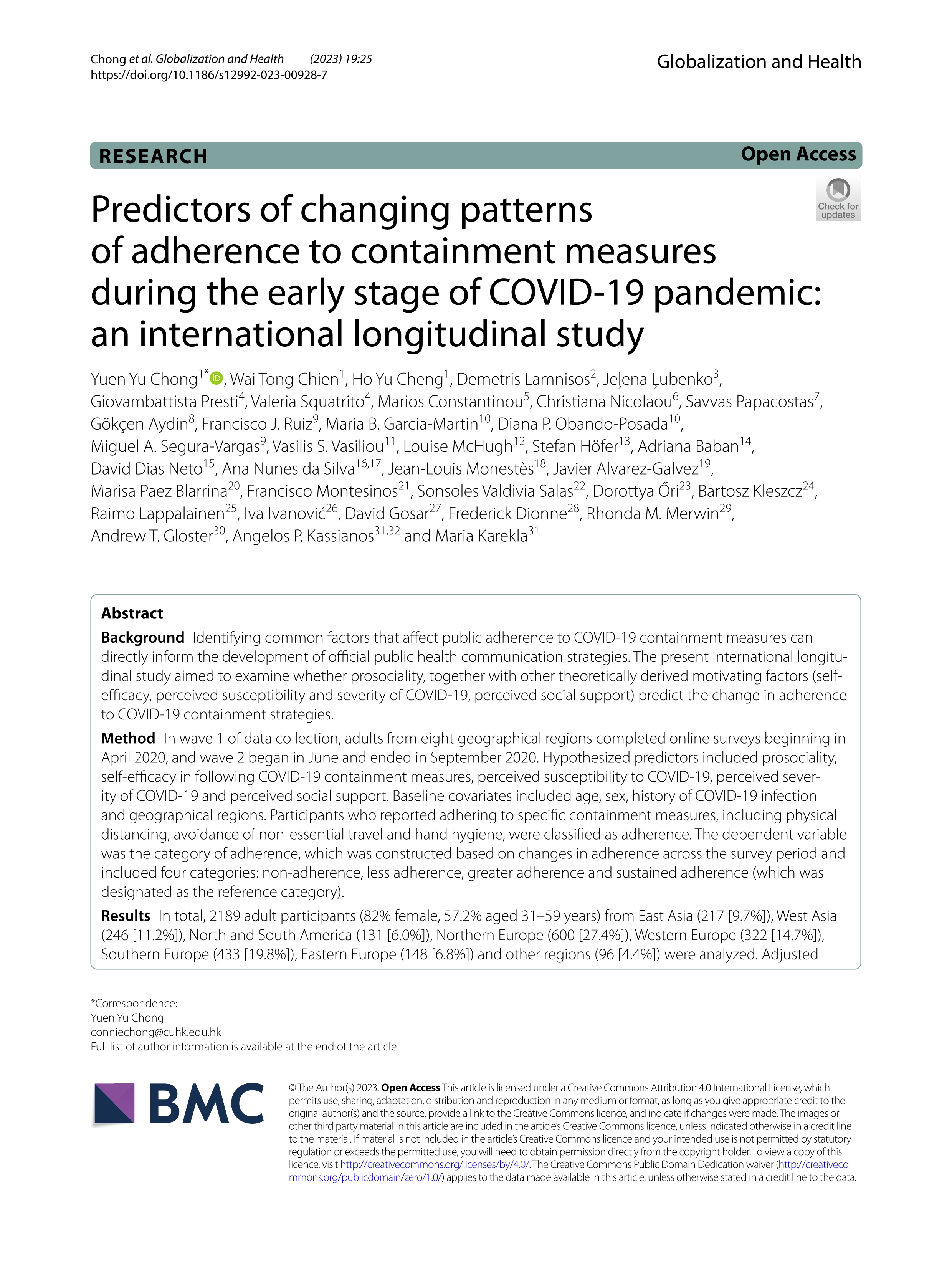 Predictors of changing patterns of adherence to containment measures during the early stage of COVID-19 pandemic: an international longitudinal study